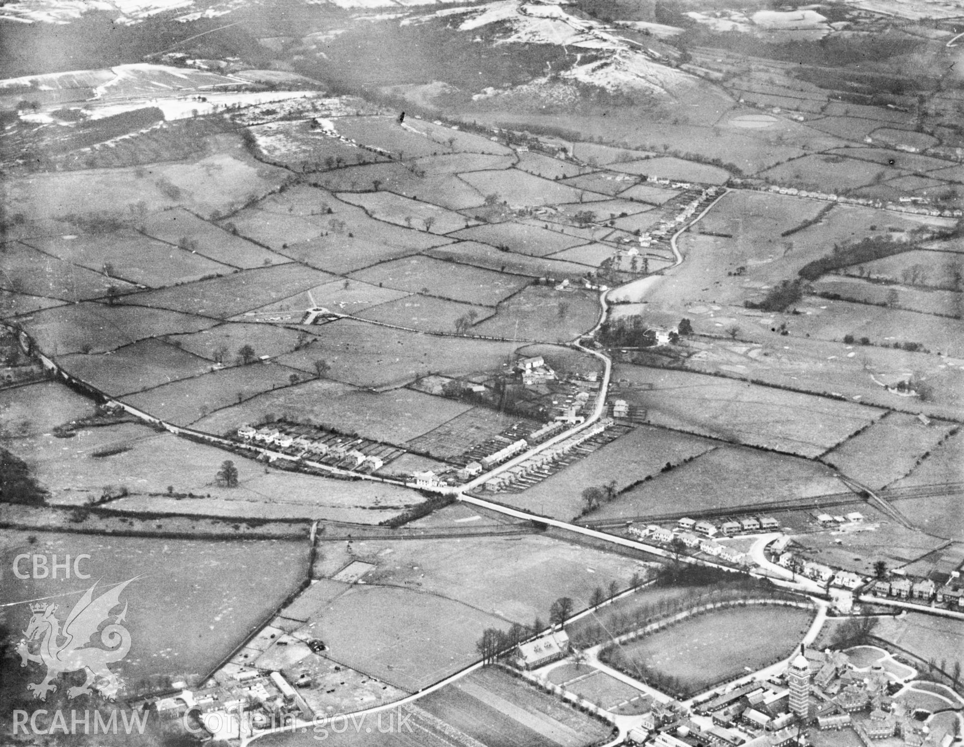 View of the Whitchurch area of Cardiff showing Whitchurch Hospital and distant view of Forest Fawr. Oblique aerial photograph, 5?x4? BW glass plate.