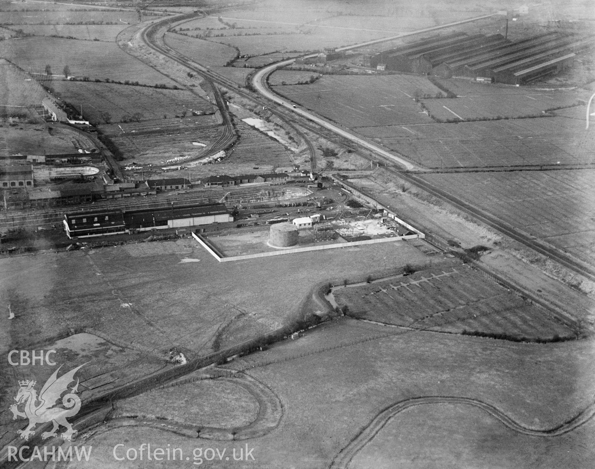 View of British Oil Storage Co., Union Dry Dock, Newport, oblique aerial view. 5?x4? black and white glass plate negative.