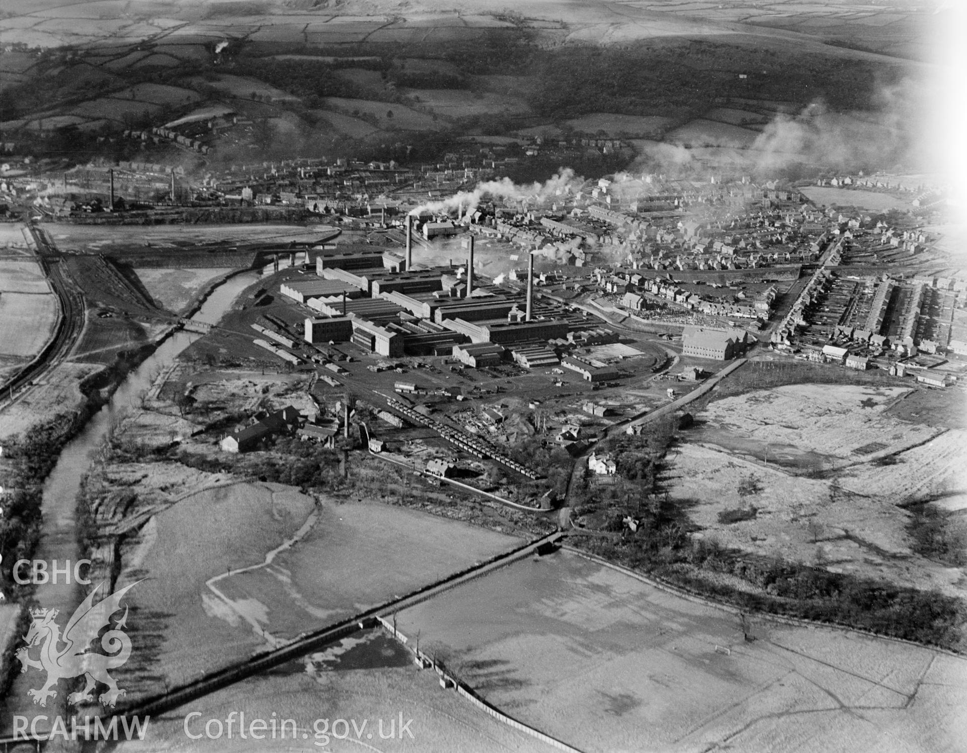 View of Mond Nickel Works, Clydach, Swansea, oblique aerial view. 5?x4? black and white glass plate negative.