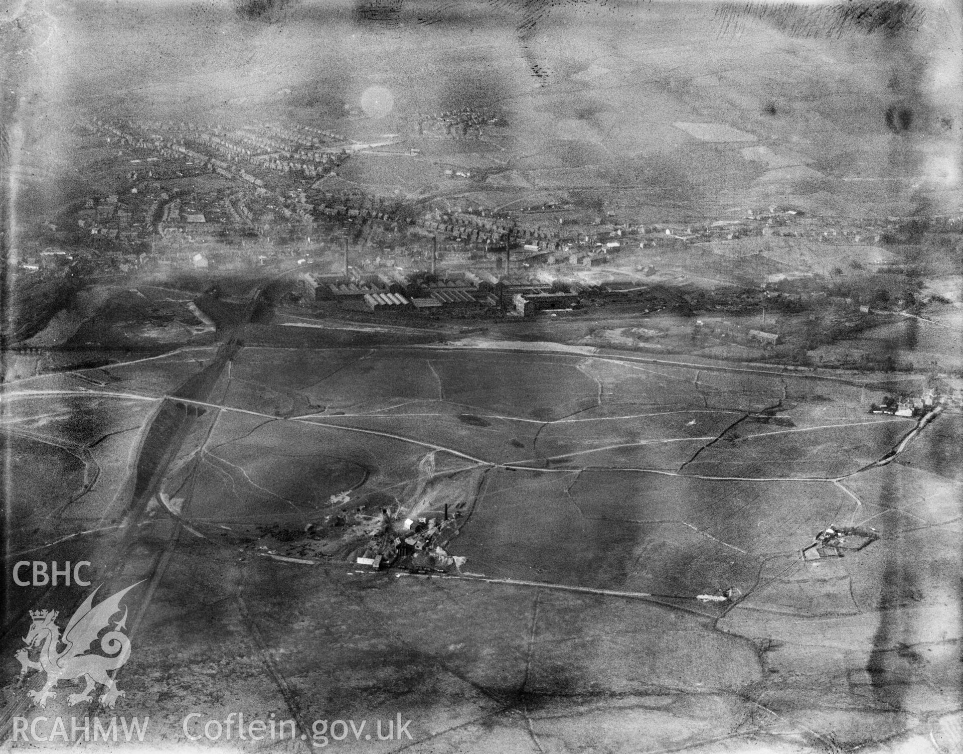 View of Clydach showing Mond Nickel Co. and Felin Fran colliery, oblique aerial view. 5?x4? black and white glass plate negative.