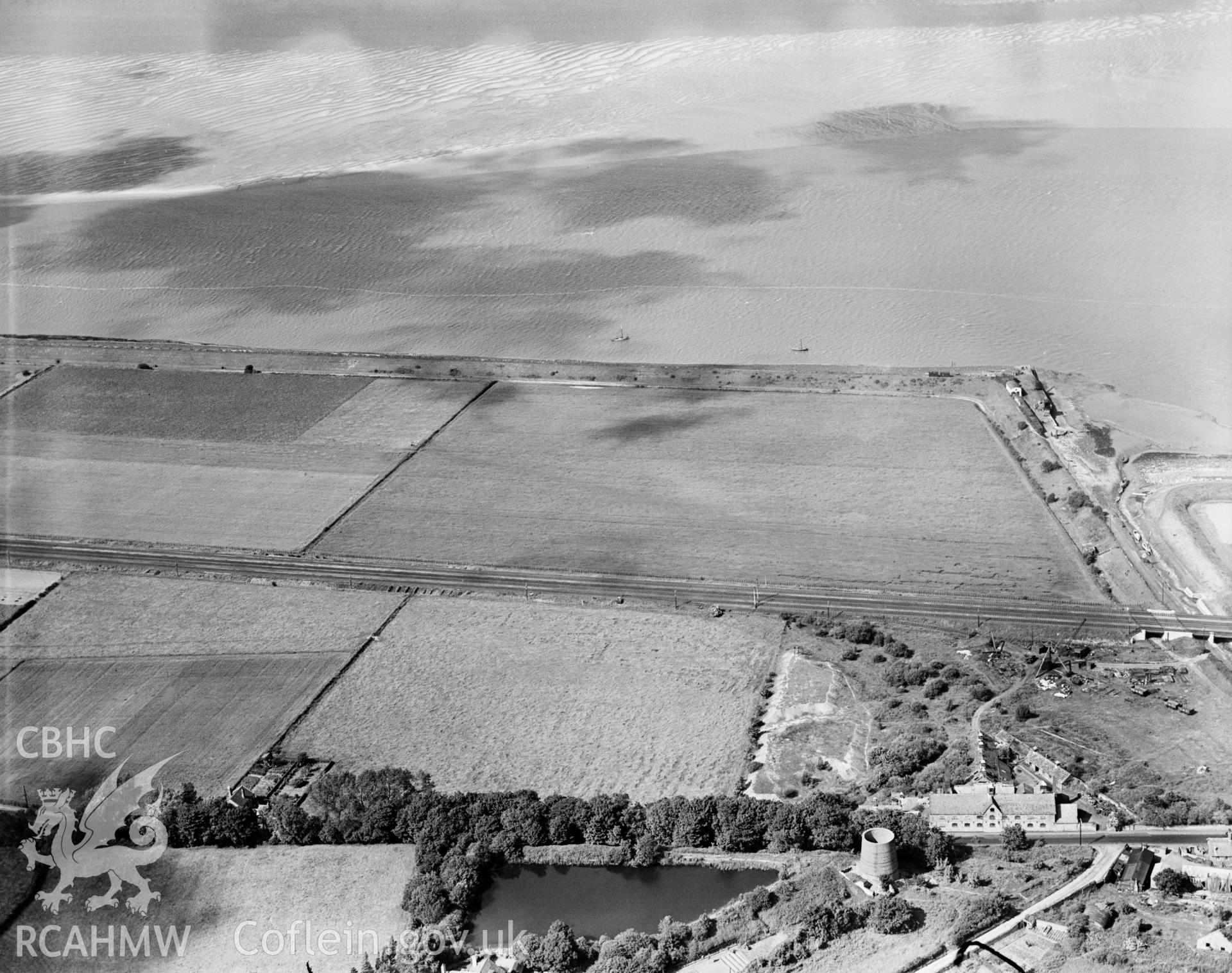 View of the Lead Works and railway viaduct at Llanerch-y-mor, oblique aerial view. 5?x4? black and white glass plate negative.