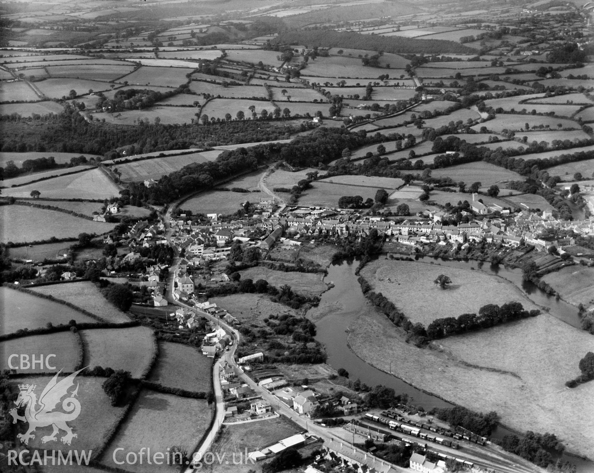 General view of Newcastle Emlyn, oblique aerial view. 5?x4? black and white glass plate negative.
