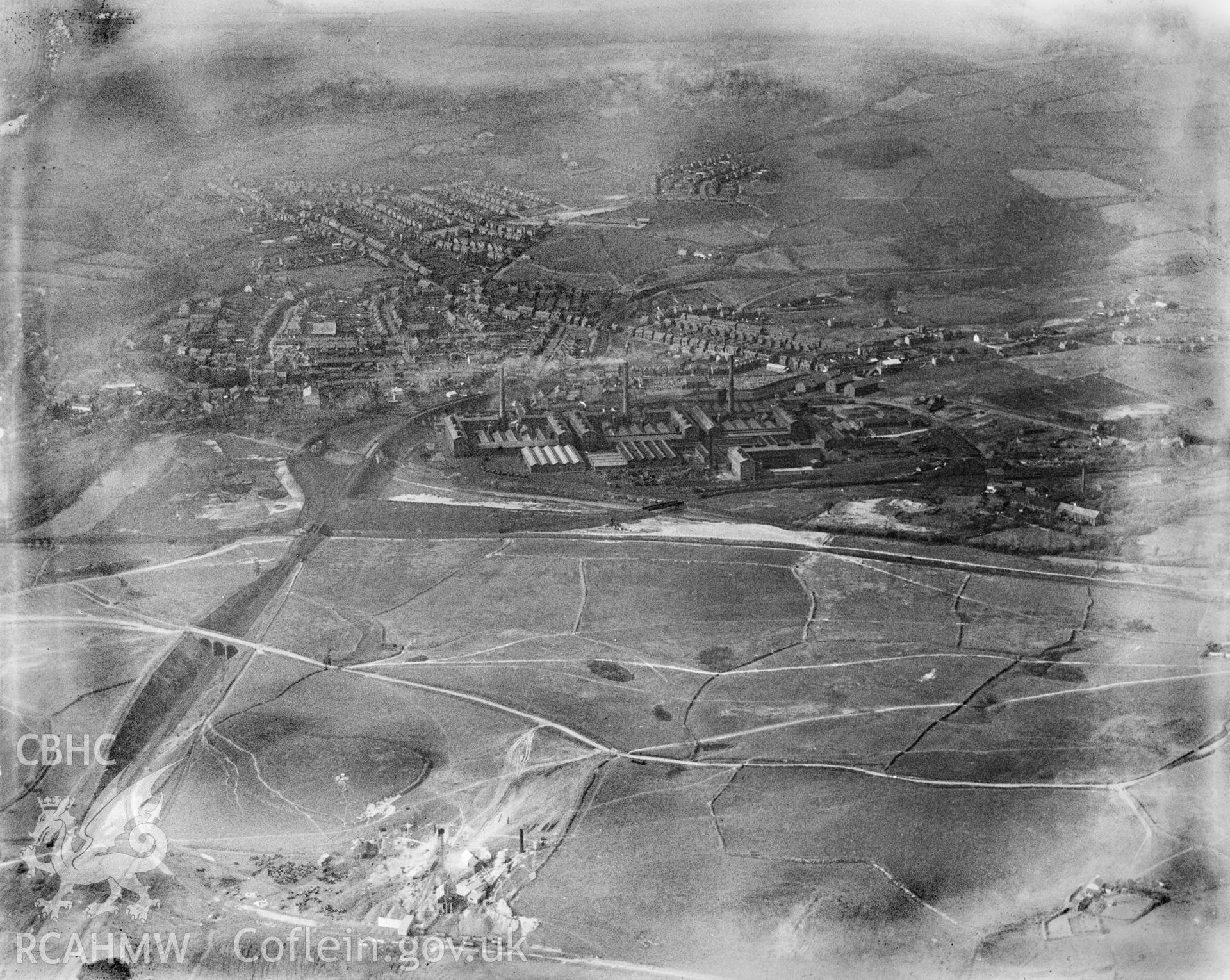 View of Clydach showing Mond Nickel Co. and Felin Fran colliery, oblique aerial view. 5?x4? black and white glass plate negative.