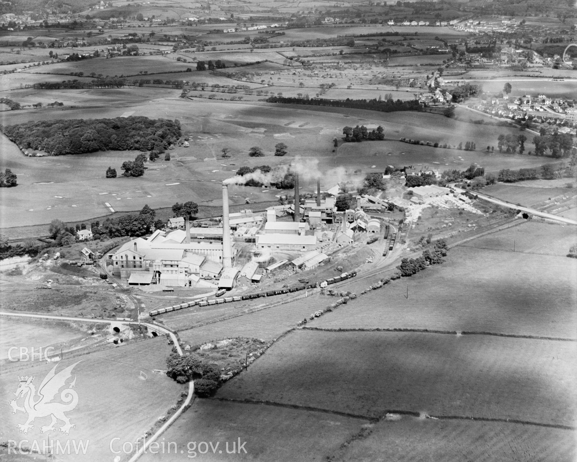 View of Portland cement and lime works, Penarth, oblique aerial view. 5?x4? black and white glass plate negative.