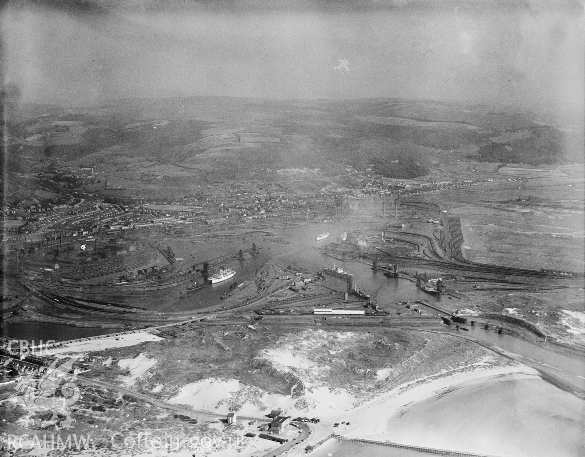 Port Talbot docks Great Western Railway, oblique aerial view.