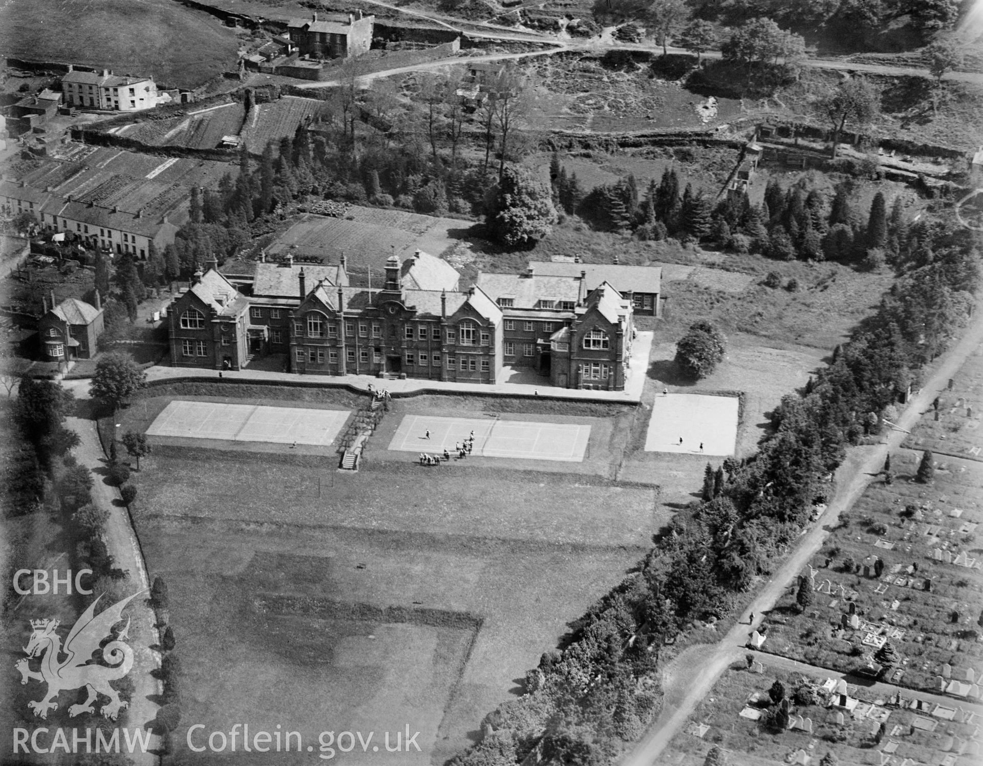 View of Pontypridd Grammar Schhol for Girls, oblique aerial view. 5?x4? black and white glass plate negative.