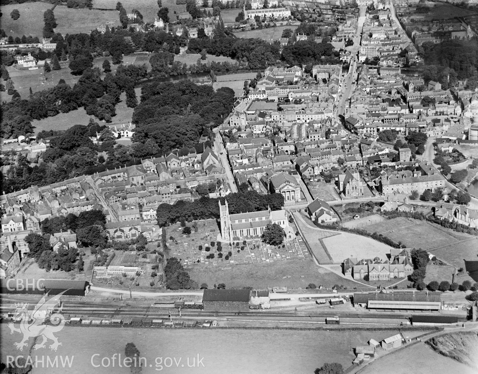 General view of Newtown, showing station and St Marys church, oblique aerial view. 5?x4? black and white glass plate negative.