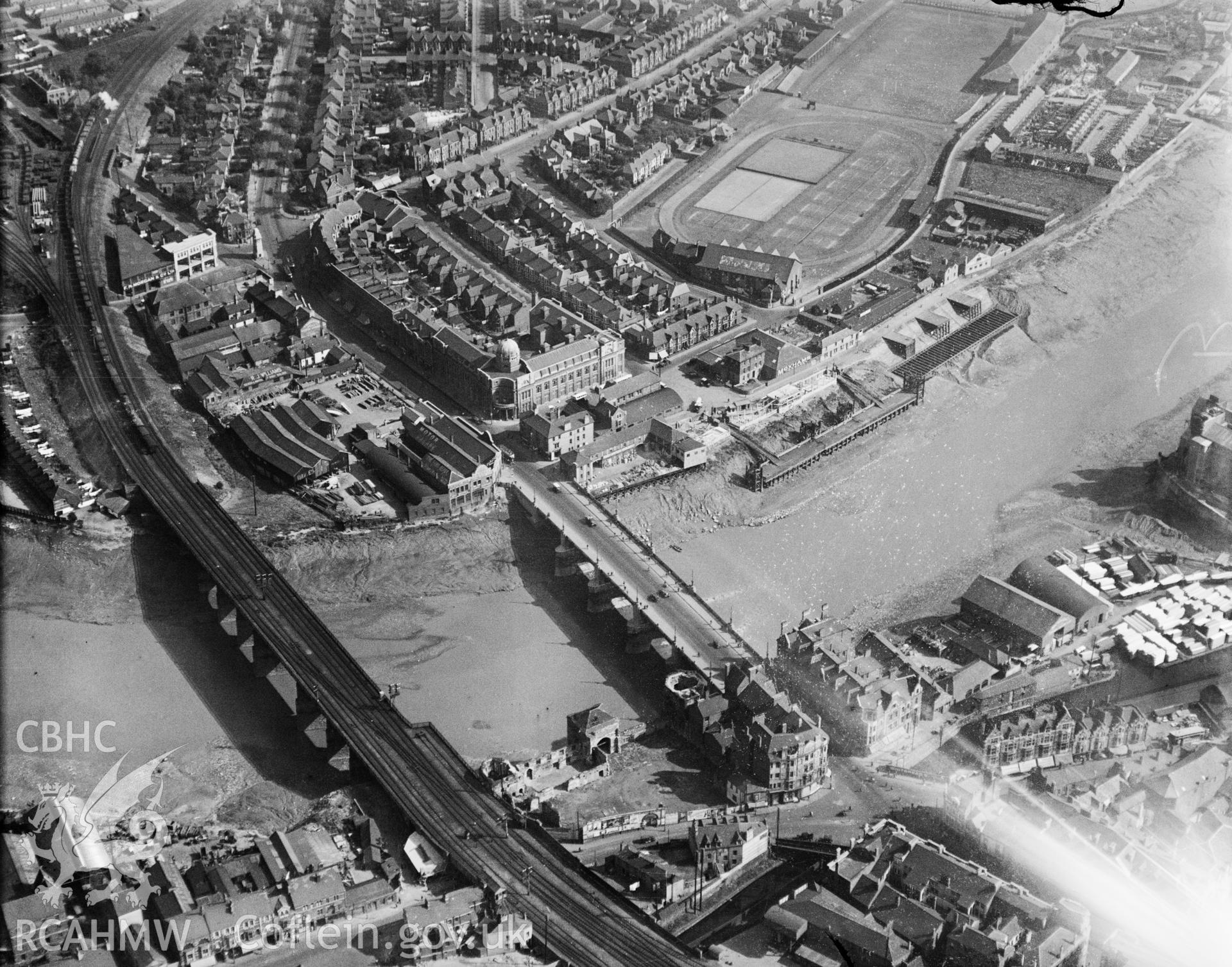 Black and white oblique aerial photograph showing Newport, Gwent, from Aerofilms album Monmouth N-Pe (448), taken by Aerofilms Ltd and dated 1929.