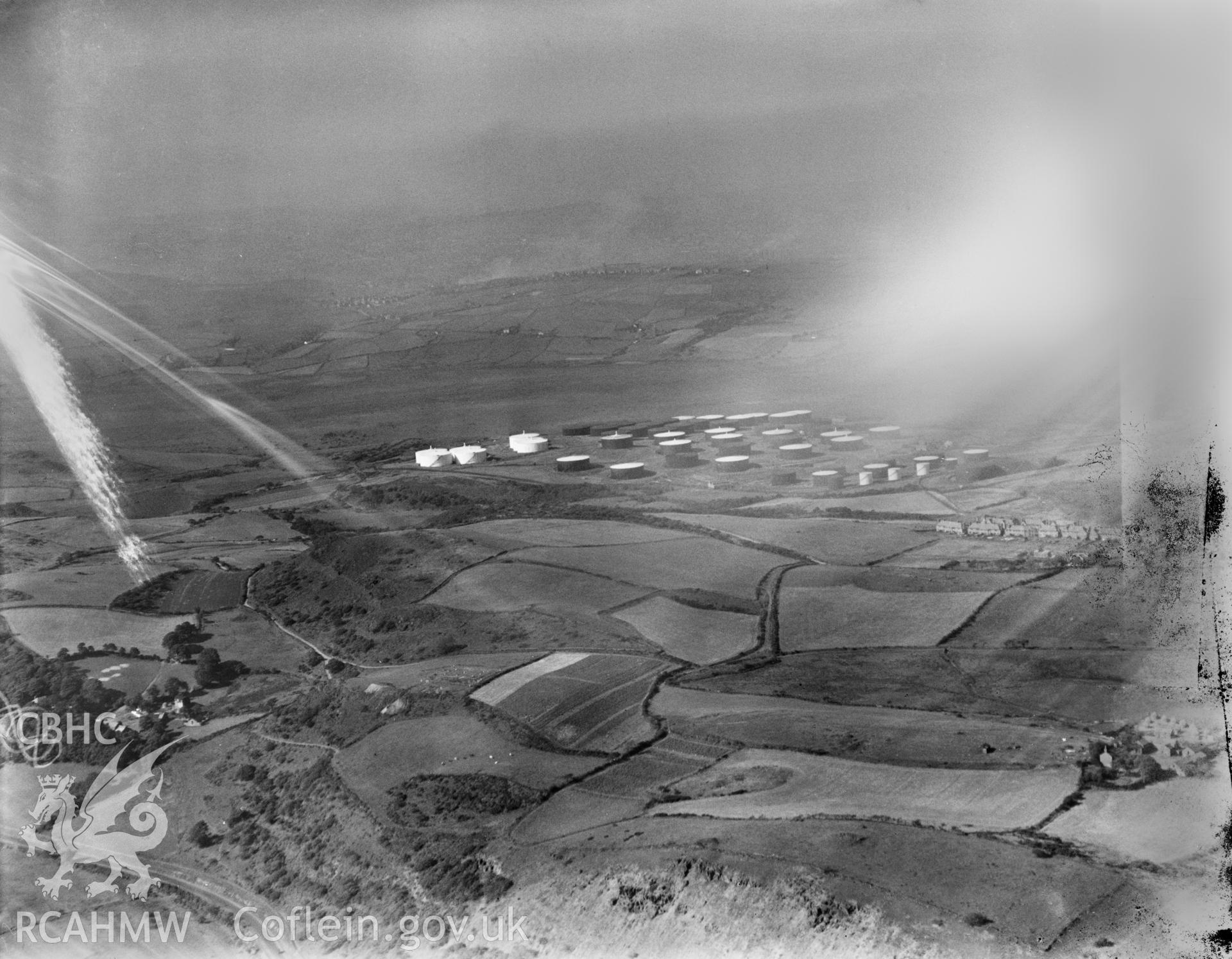 Llandarcy oil refinery, oblique aerial view. 5?x4? black and white glass plate negative.