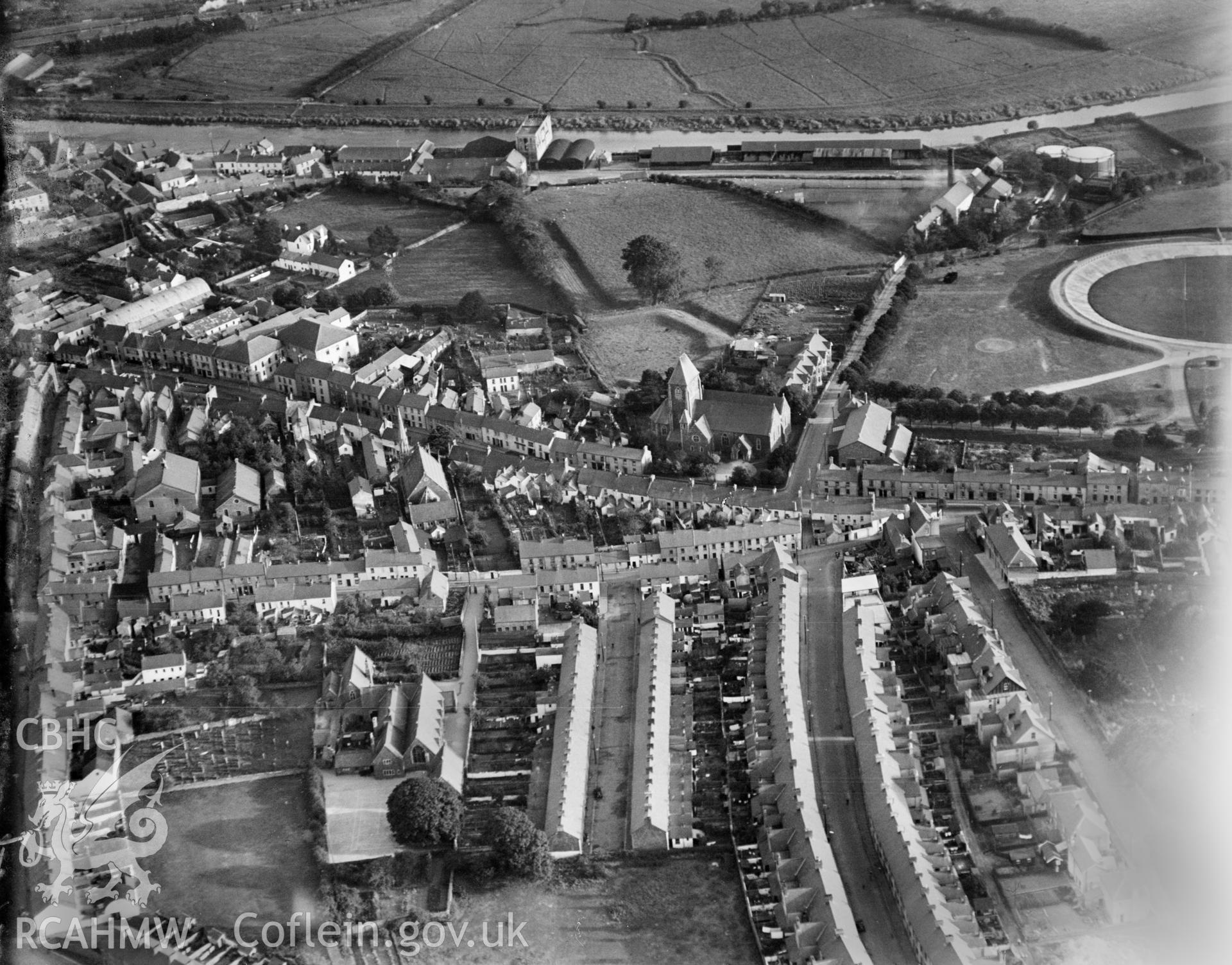 View of Carmarthen showing park, oblique aerial view. 5?x4? black and white glass plate negative.