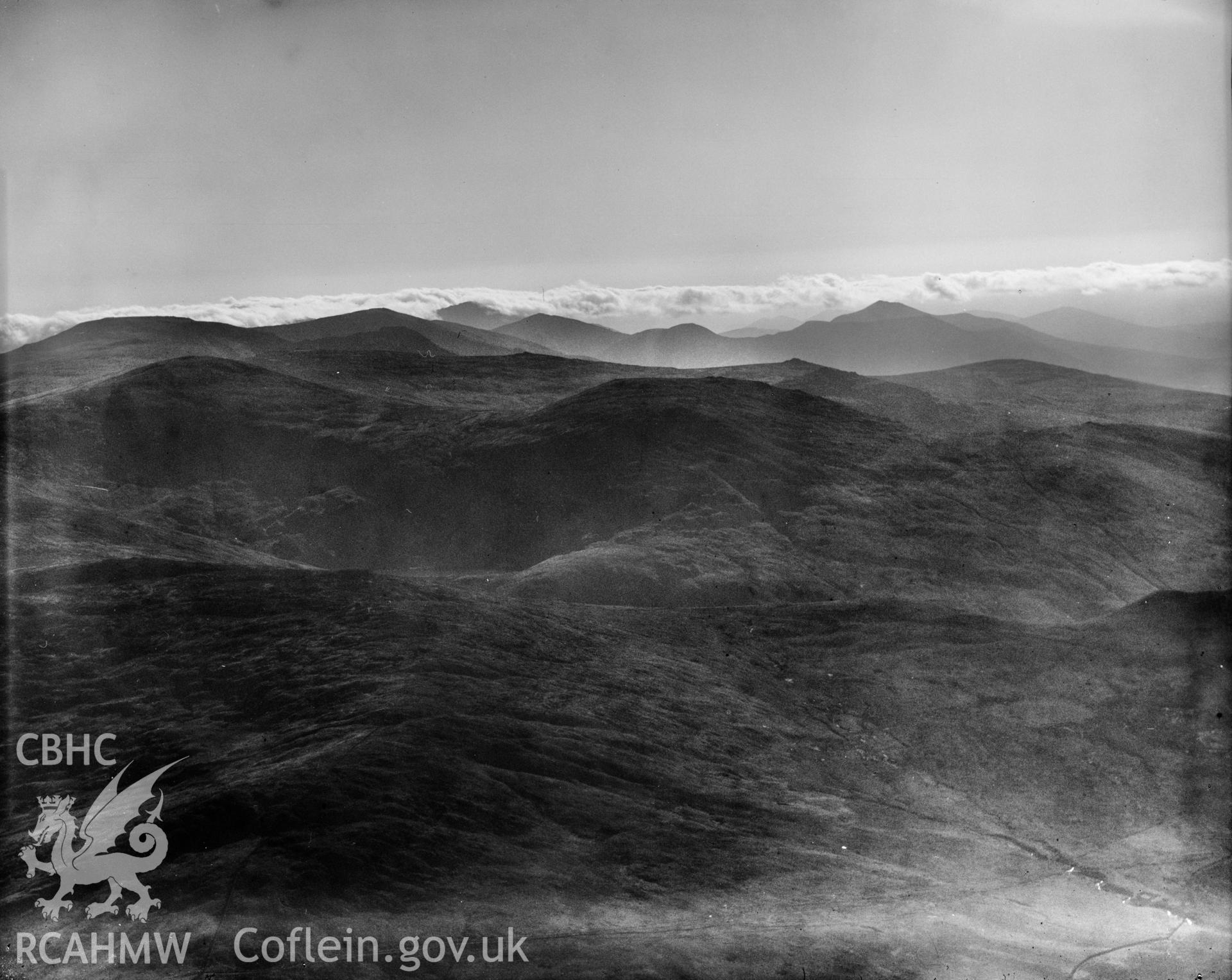 View of mountains in Snowdonia, oblique aerial view. 5?x4? black and white glass plate negative.