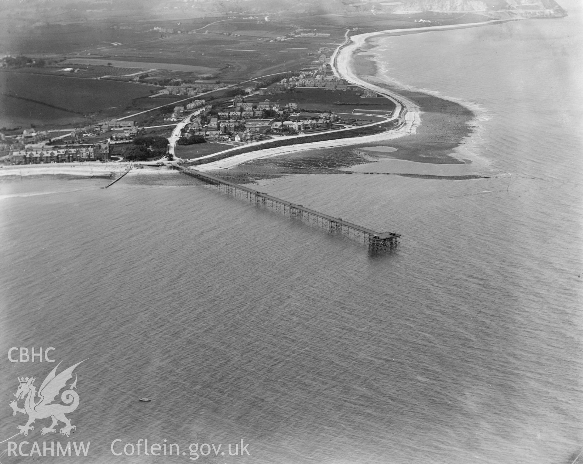 View of Rhos-on-Sea pier, oblique aerial view. 5?x4? black and white glass plate negative.