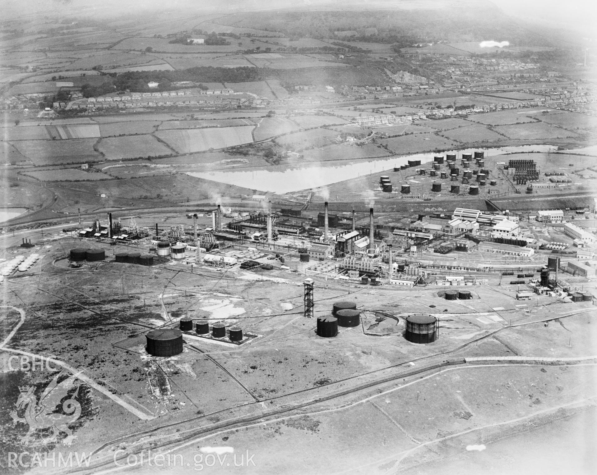 View of National Oil Refineries (Anglo-Persion) Llandarcy, oblique aerial view. 5?x4? black and white glass plate negative.