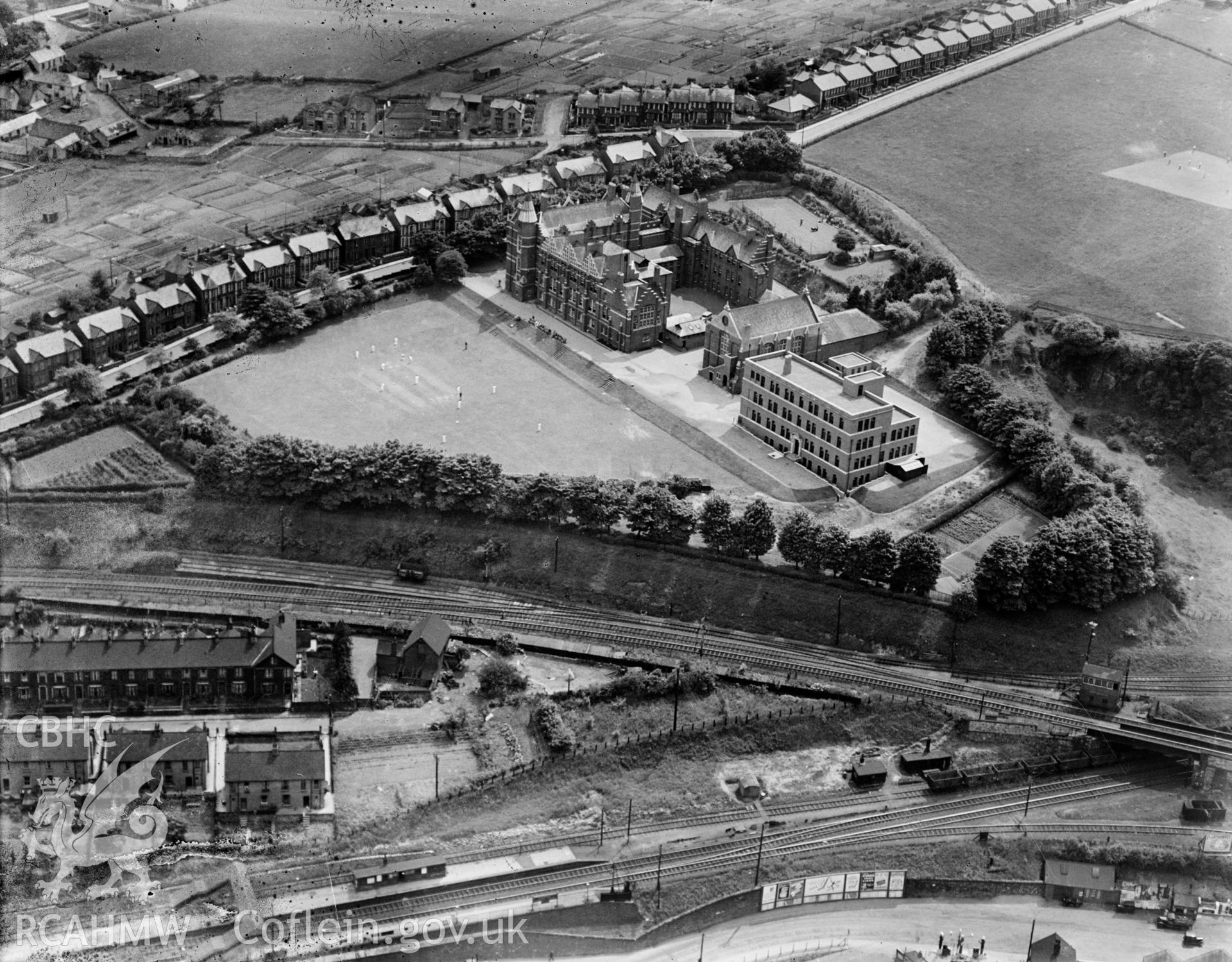 View of West Monmouth School, Pontypool, oblique aerial view. 5?x4? black and white glass plate negative.