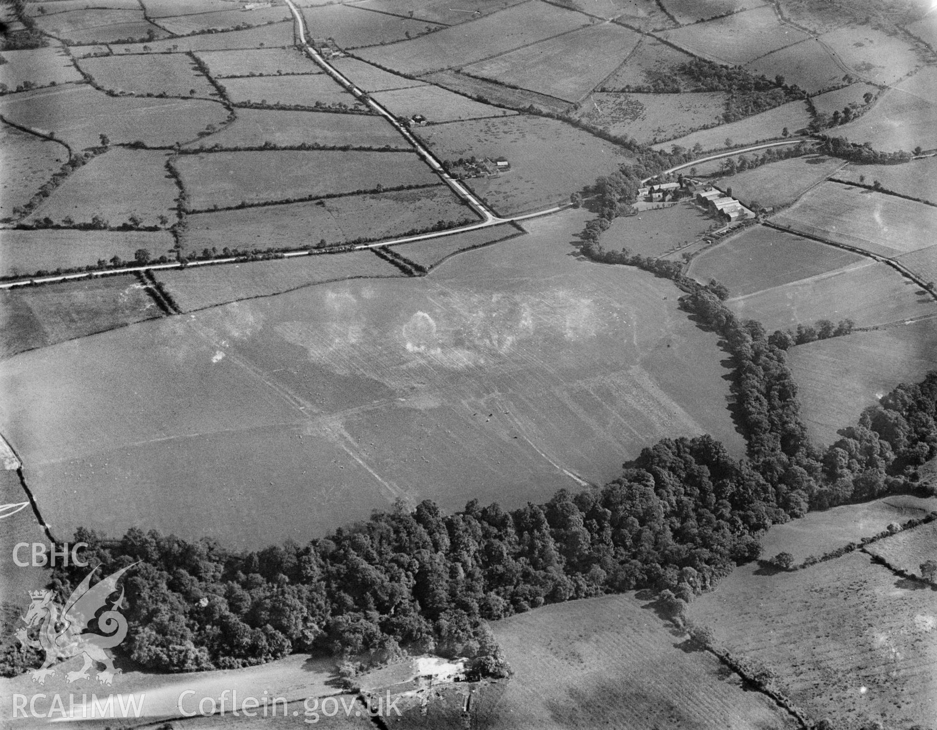 View of Rhos Uchaf aerodrome. Oblique aerial photograph, 5?x4? BW glass plate.