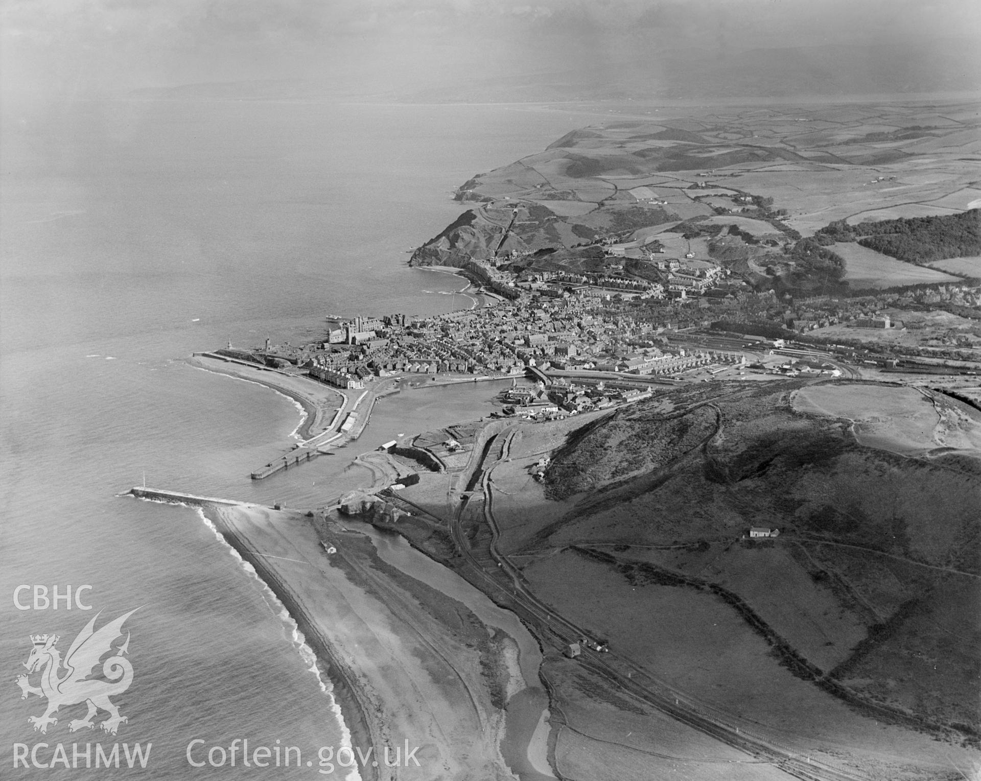 Distant view of Aberystwyth, showing Pen Dinas, oblique aerial view. 5?x4? black and white glass plate negative.