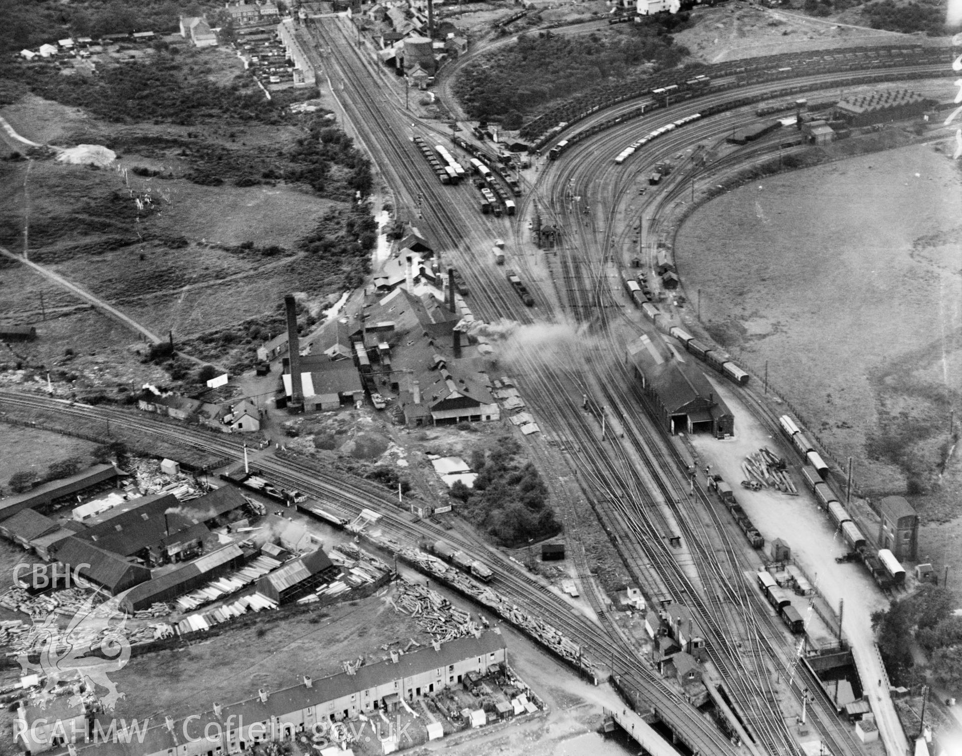 View of Ely Tinplate works, Pontyclun. Oblique aerial photograph, 5?x4? BW glass plate.