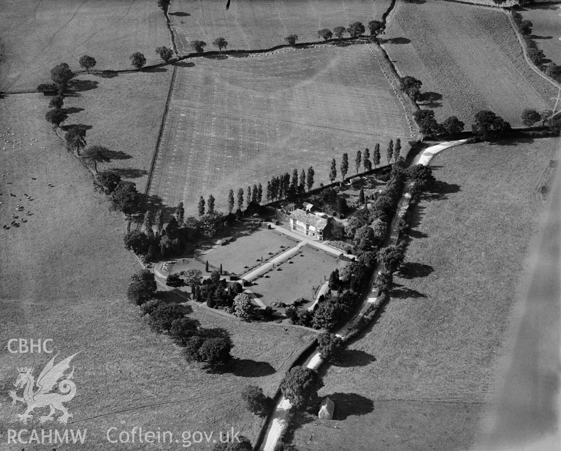 View of Frondeg Hall, oblique aerial view. 5?x4? black and white glass plate negative.