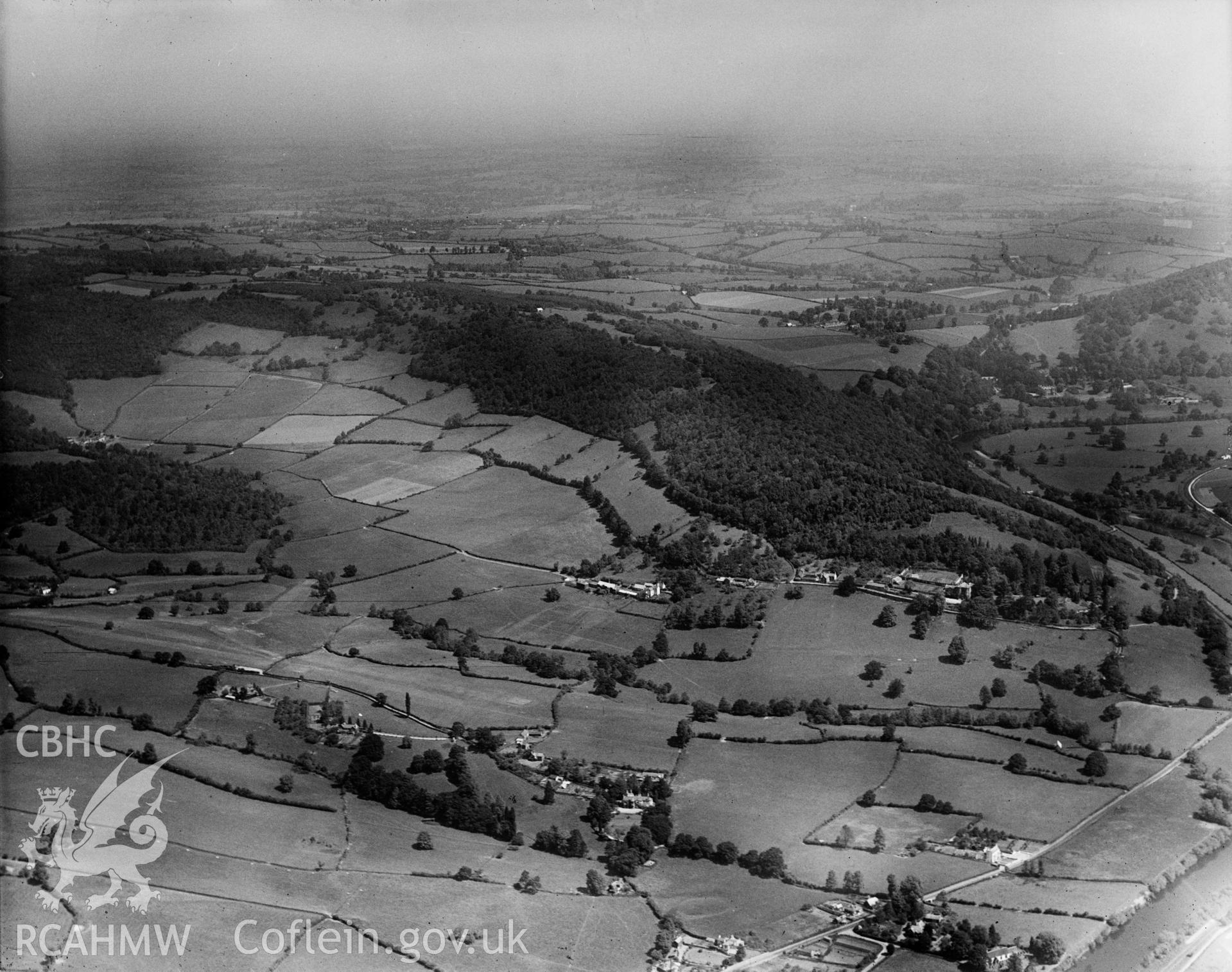 View of landscape near Pontypool, oblique aerial view. 5?x4? black and white glass plate negative.