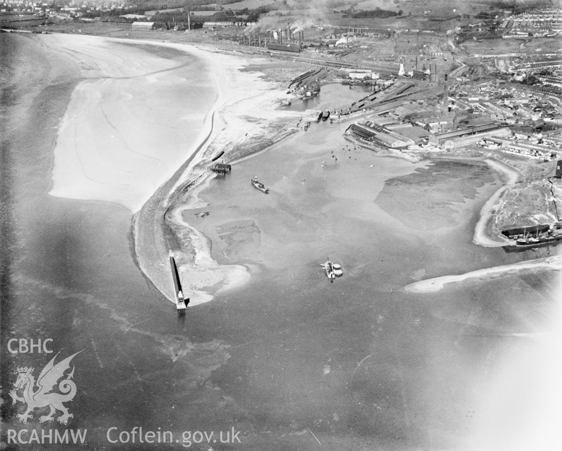 View of Llanelli showing north dock and pier. Oblique aerial photograph, 5?x4? BW glass plate.