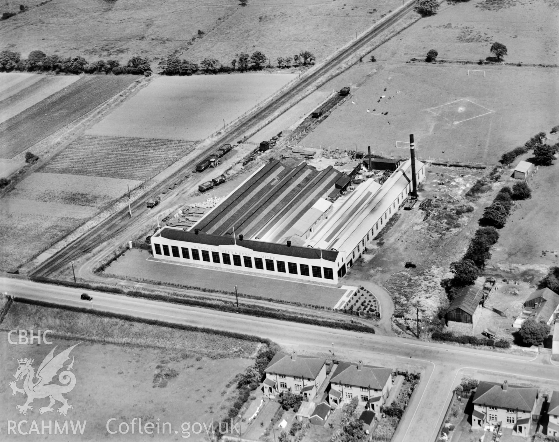 View of Morgan Rees & Sons wire ropeworks, Whitchurch. Oblique aerial photograph, 5?x4? BW glass plate.