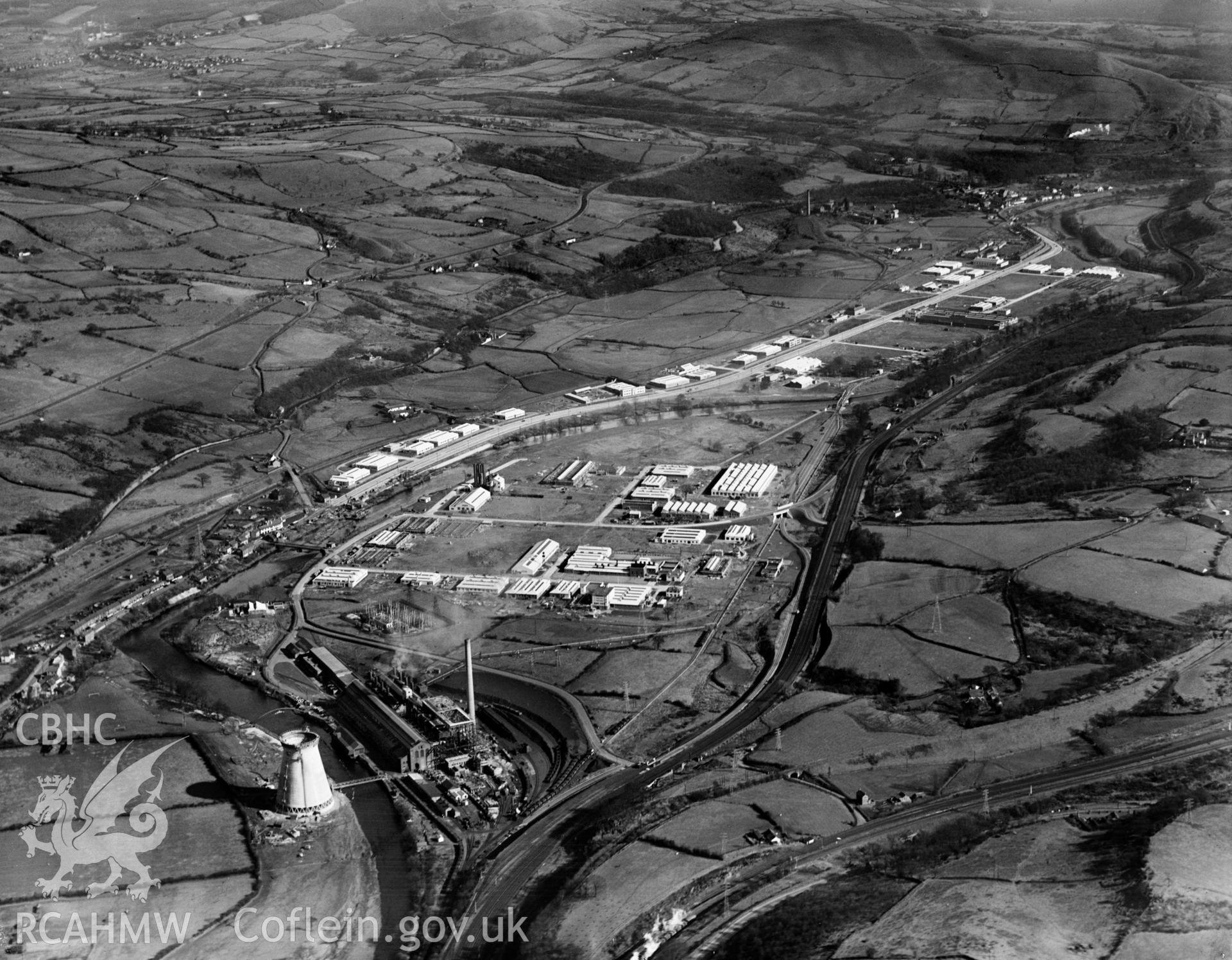 View of Pritchard, Wood & Partners, Treforest Trading Estate, oblique aerial view. 5?x4? black and white glass plate negative.