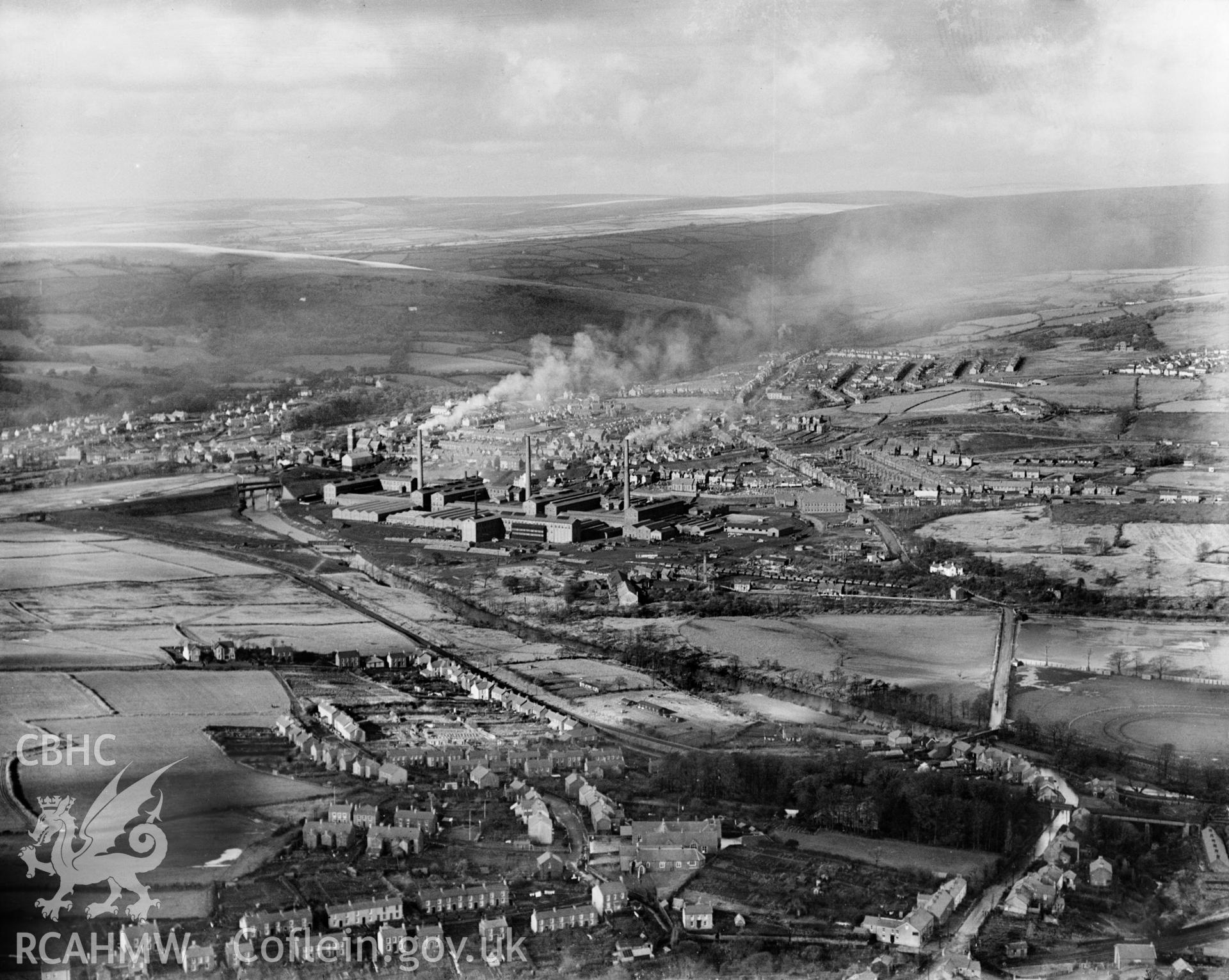 General view of Clydach and Mond Nickel Works, Clydach, Swansea, oblique aerial view. 5?x4? black and white glass plate negative.