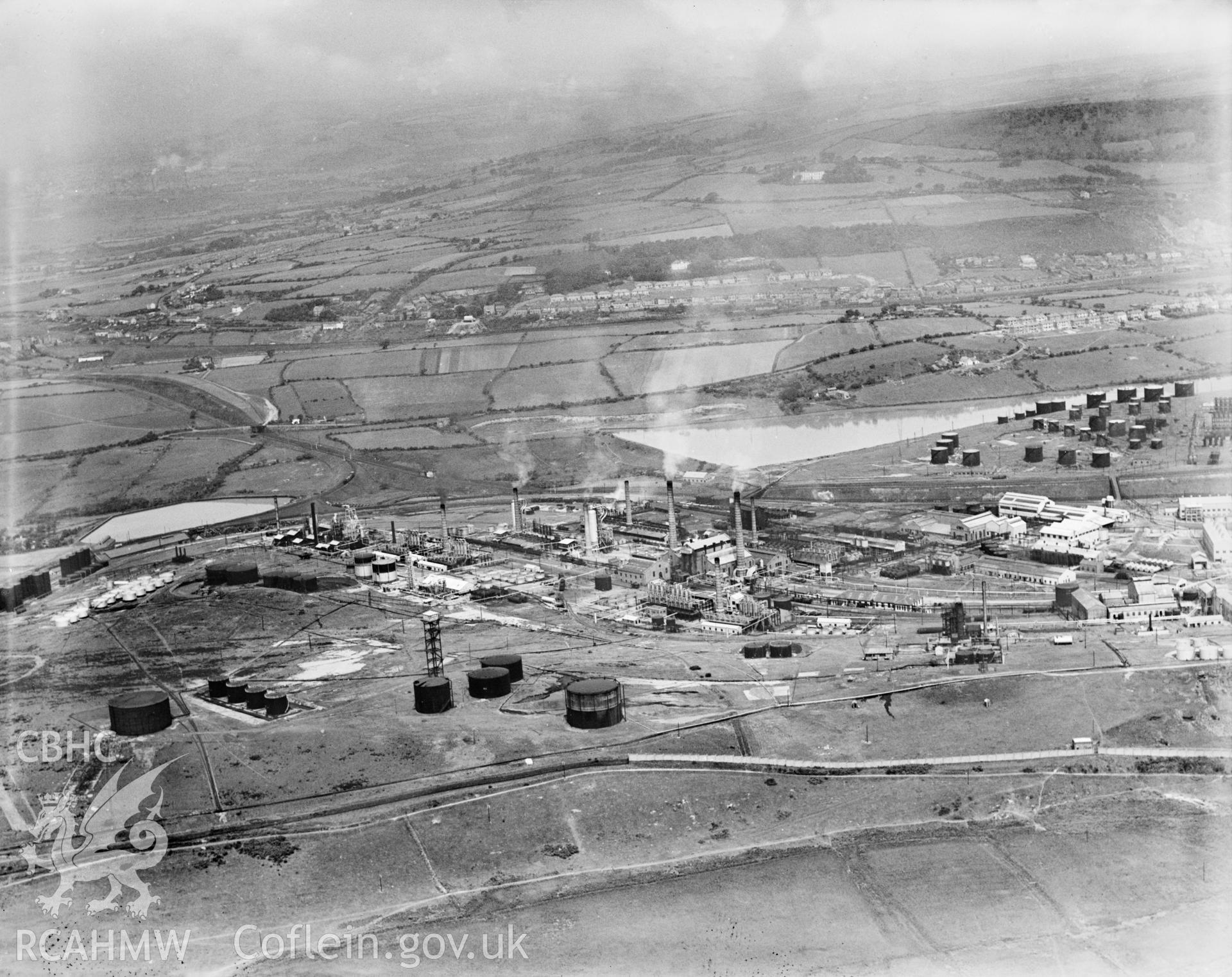 View of National Oil Refineries (Anglo-Persion) Llandarcy, oblique aerial view. 5?x4? black and white glass plate negative.