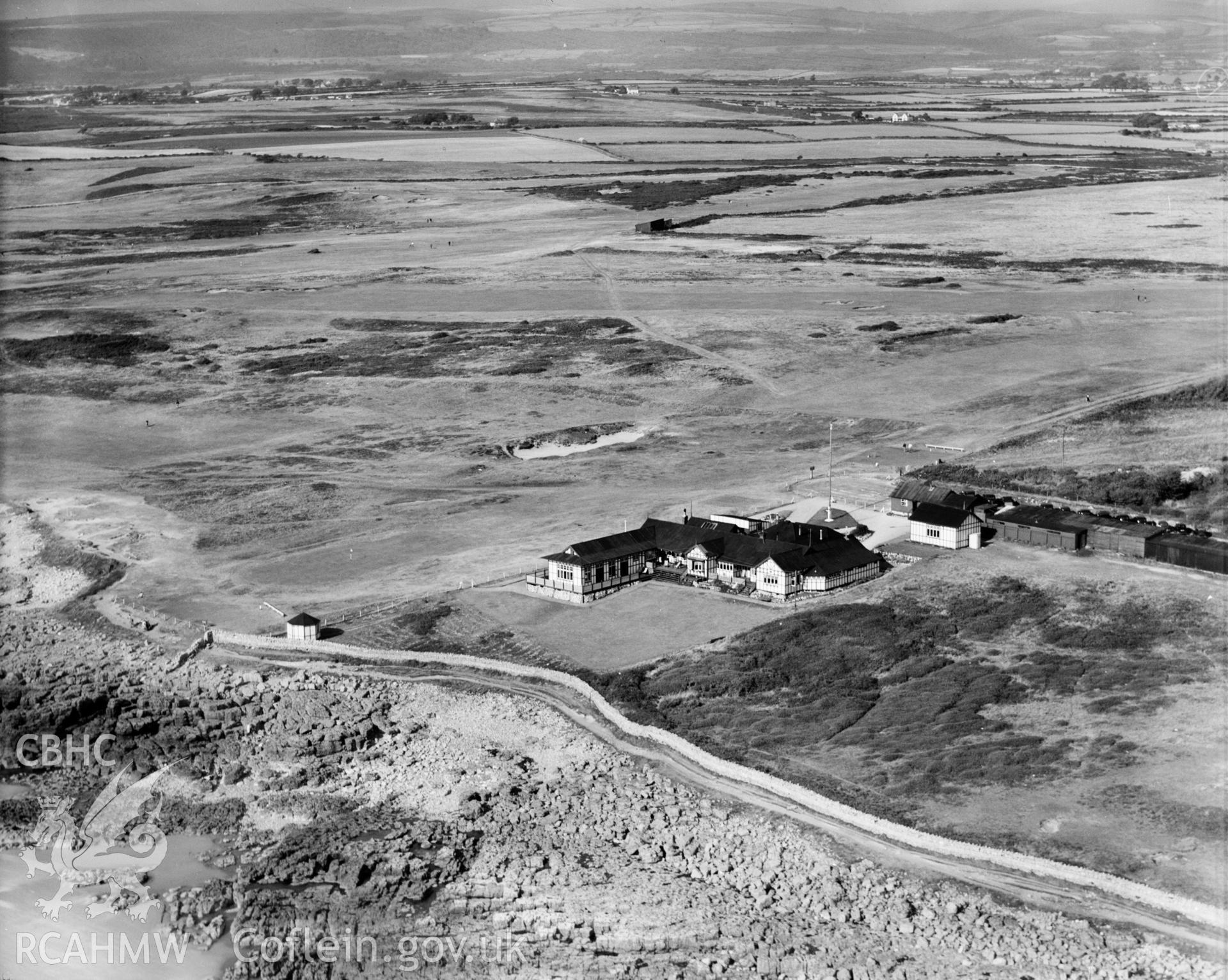 View of Ogmore-by-Sea, showing Southerndown golf course, oblique aerial view. 5?x4? black and white glass plate negative.