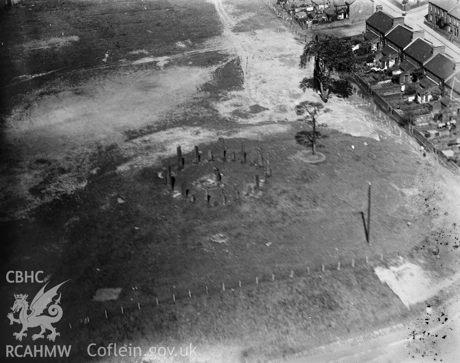 View of the stone circle at Pontypridd, oblique aerial view. 5?x4? black and white glass plate negative.