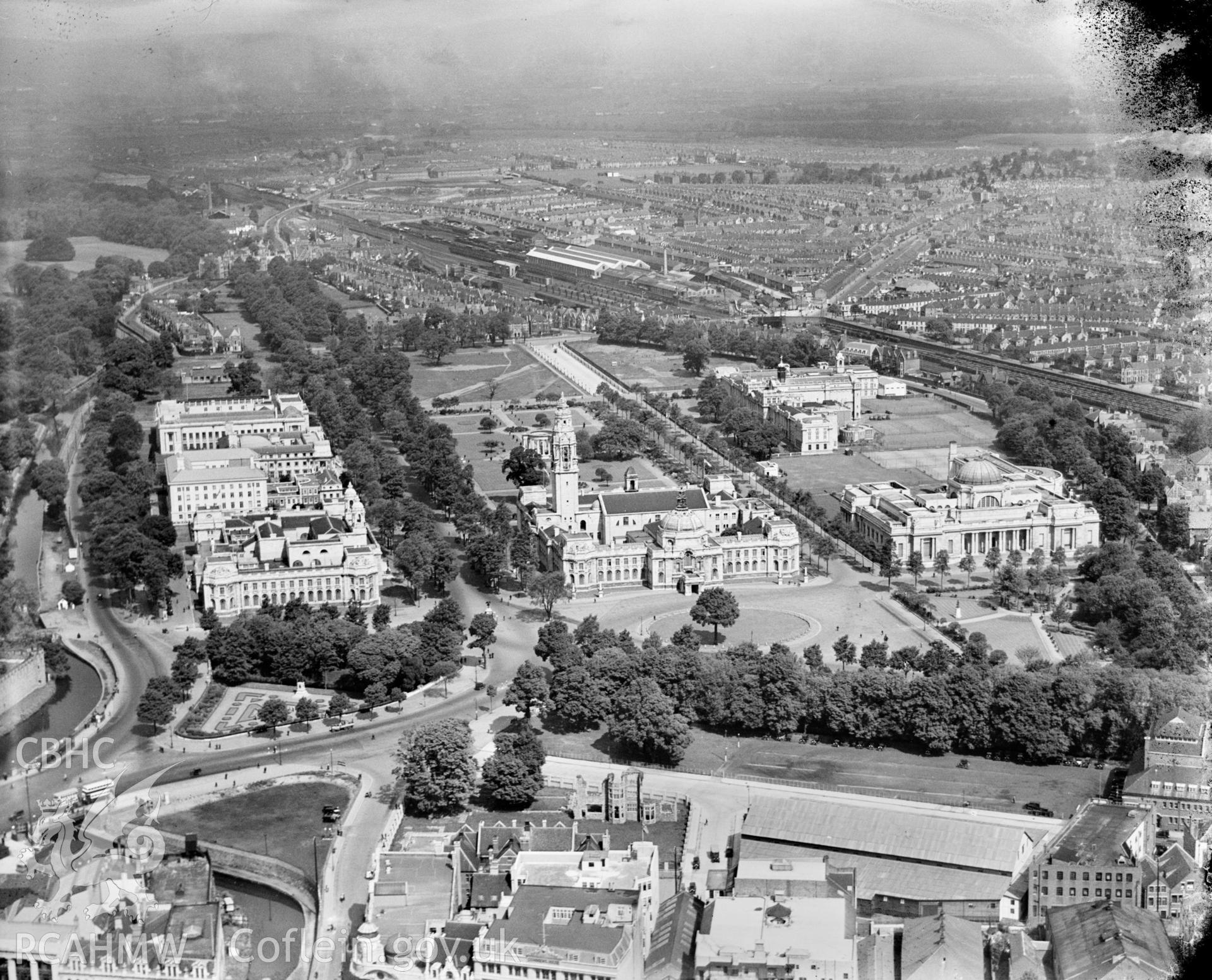 View of Cardiff Civic Centre, Cathays Park, oblique aerial view. 5?x4? black and white glass plate negative.