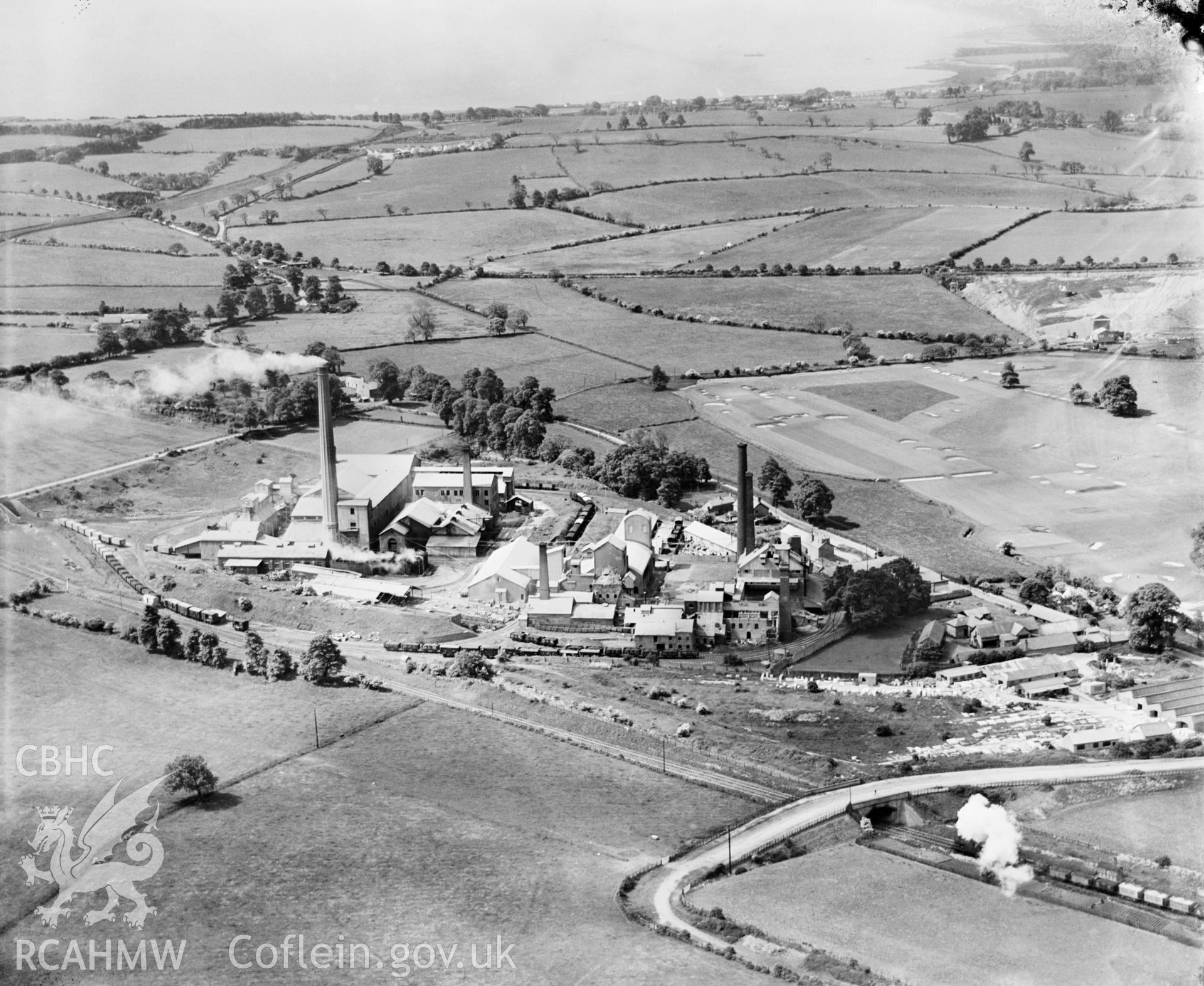 View of Portland cement and lime works, Penarth, oblique aerial view. 5?x4? black and white glass plate negative.