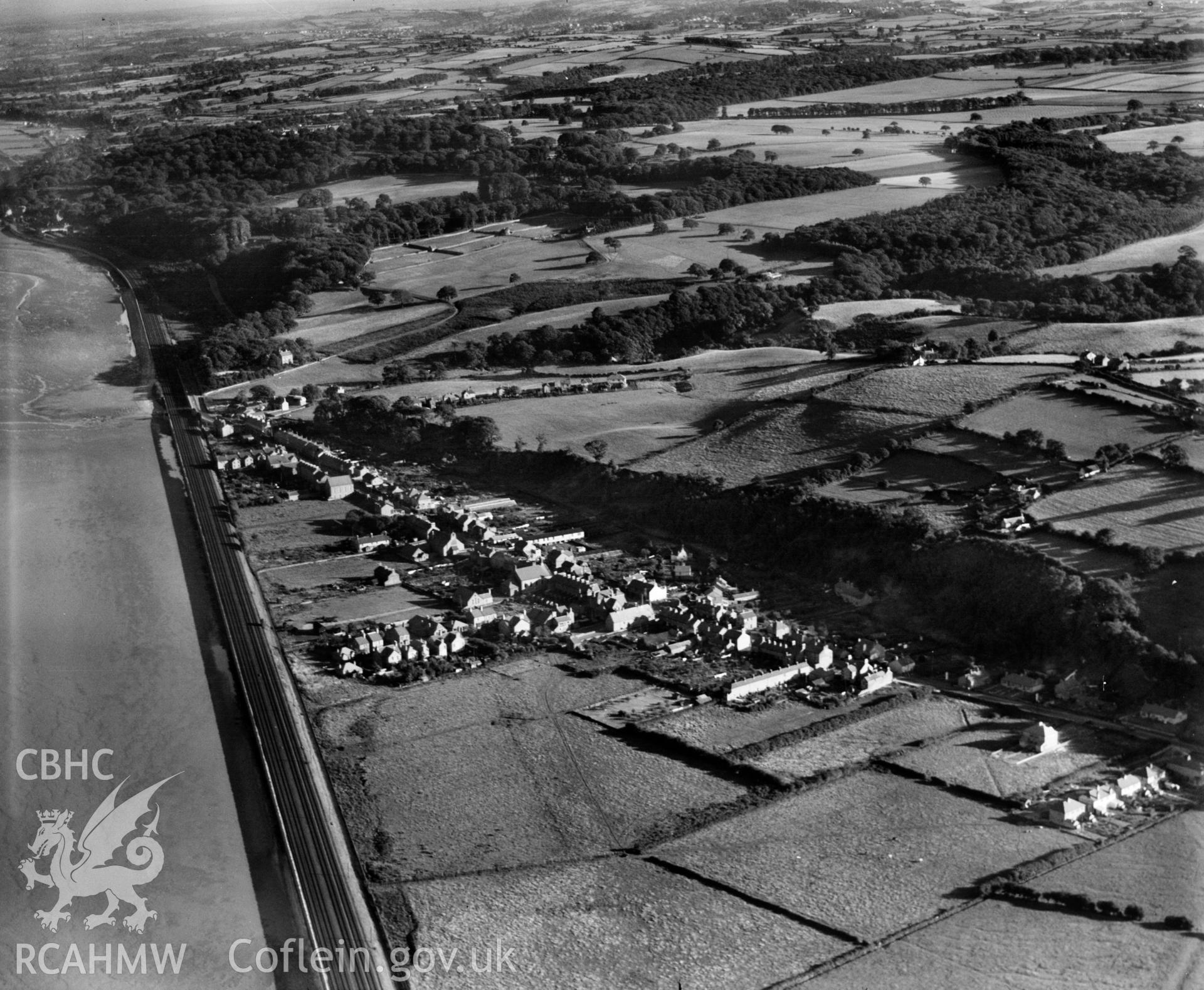 View of Ffynongroew, oblique aerial view. 5?x4? black and white glass plate negative.