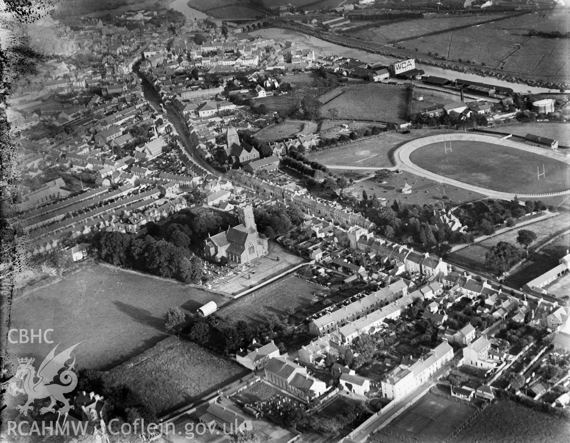 View of Carmarthen showing park, oblique aerial view. 5?x4? black and white glass plate negative.