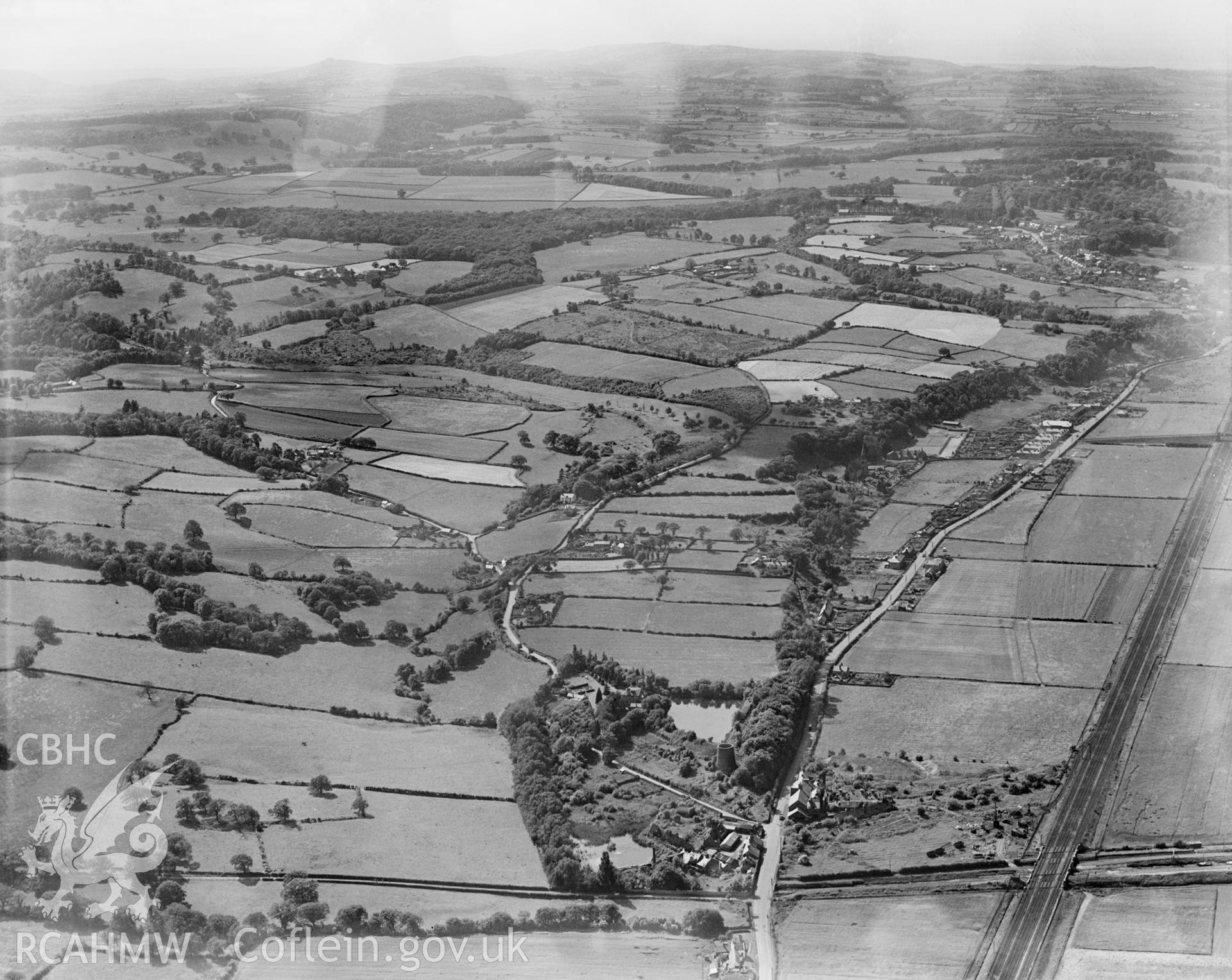 View of Mostyn and the  lead works at Llanerch-y-mor, oblique aerial view. 5?x4? black and white glass plate negative.