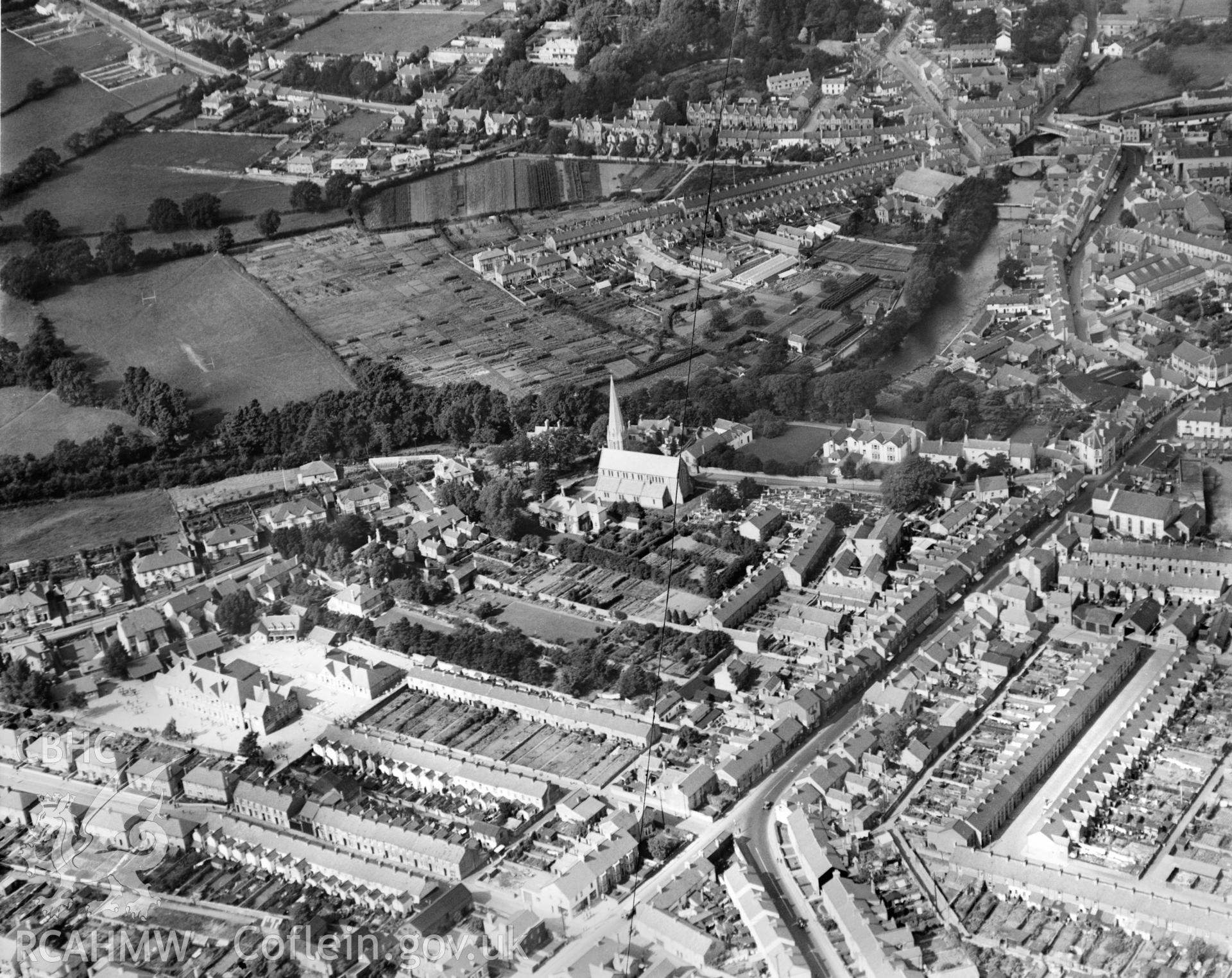 General view of Bridgend, oblique aerial view. 5?x4? black and white glass plate negative.