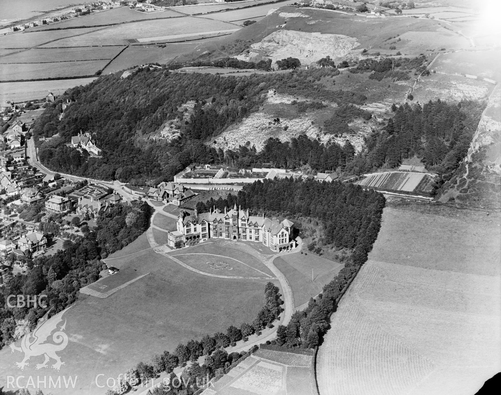 View of Lady Forester Convalescent Home and gardens, Llandudno, oblique aerial view. 5?x4? black and white glass plate negative.