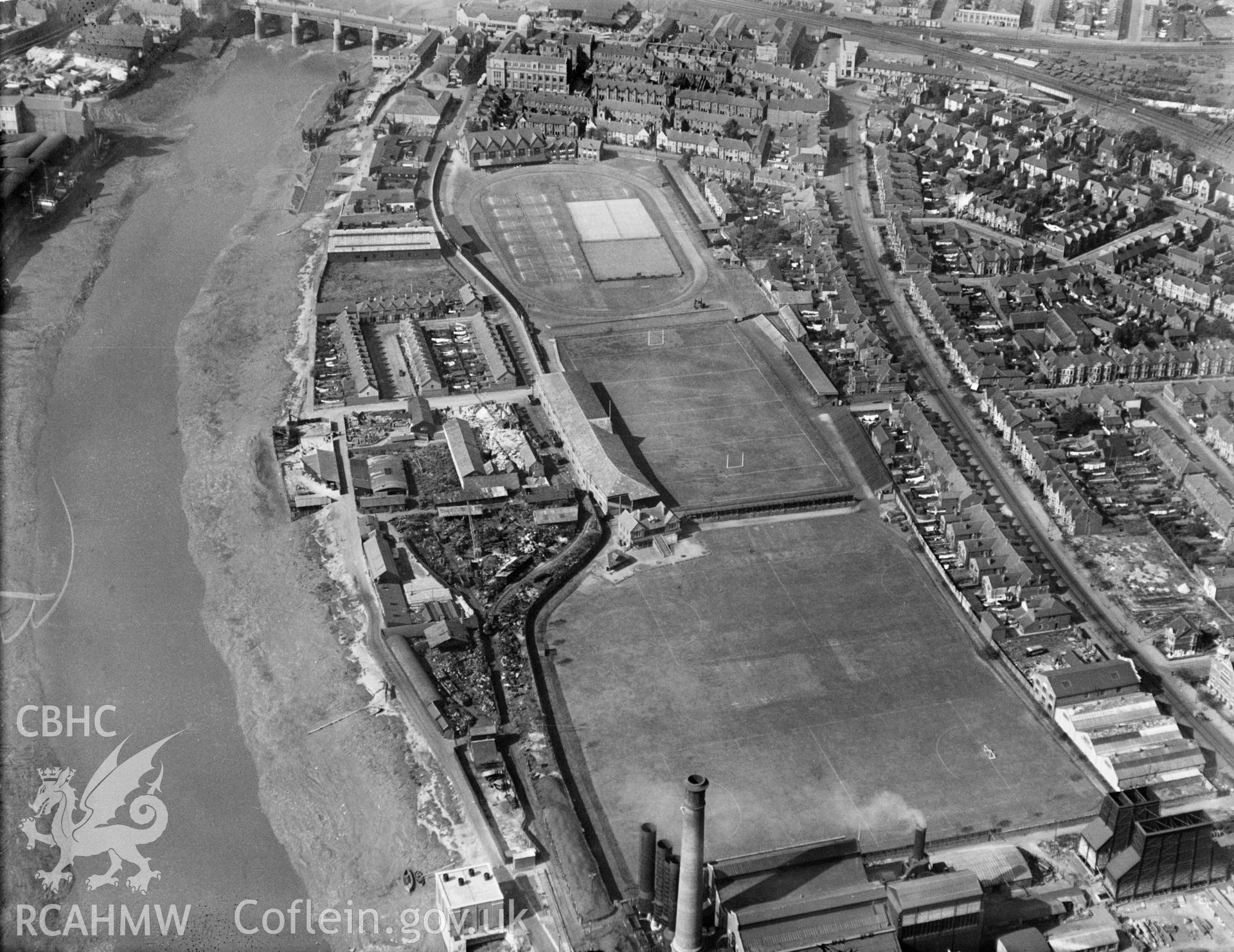 Rodney Parade, Newport, oblique aerial view. 5?x4? black and white glass plate negative.