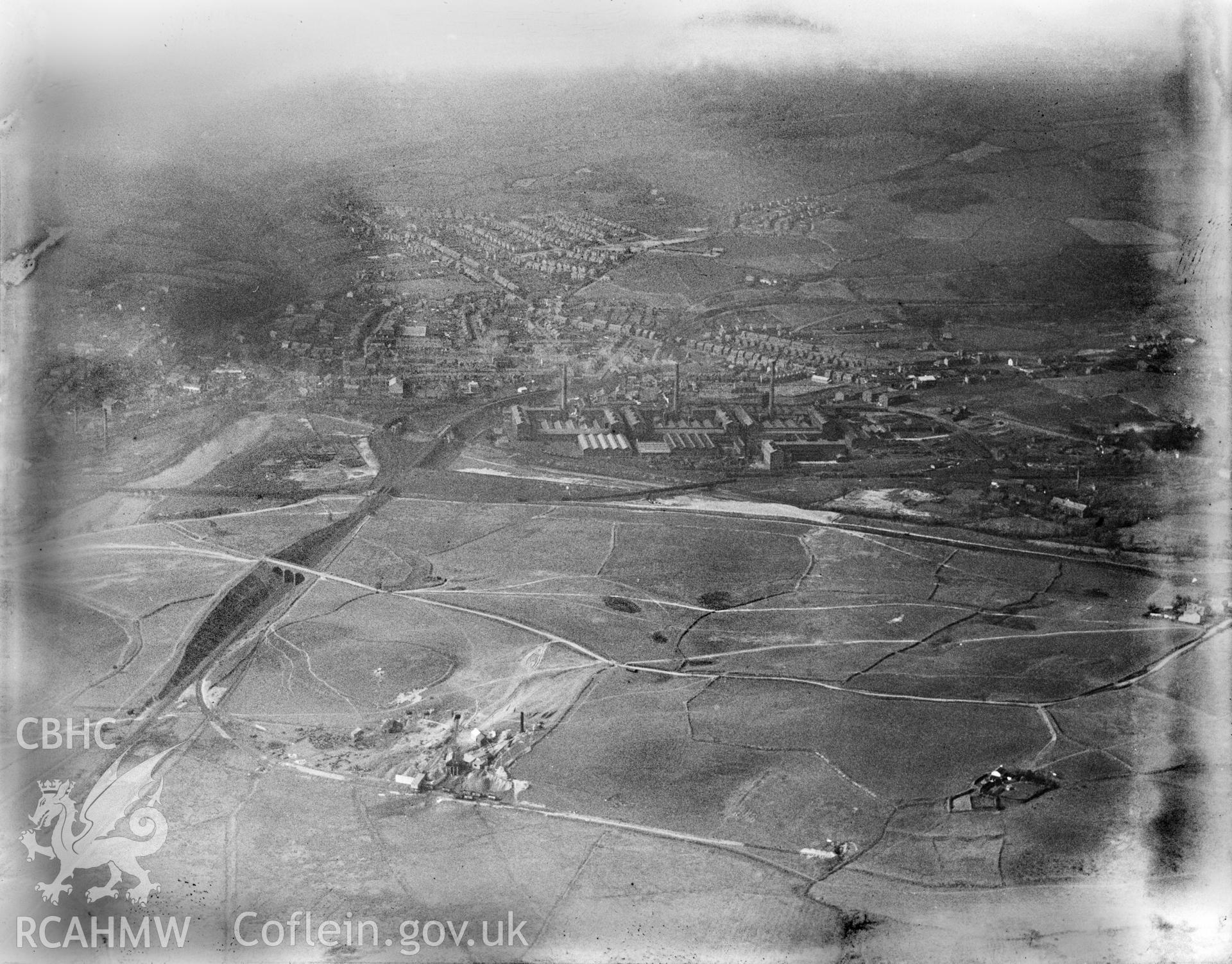 View of Clydach showing Mond Nickel Co. and Felin Fran colliery, oblique aerial view. 5?x4? black and white glass plate negative.