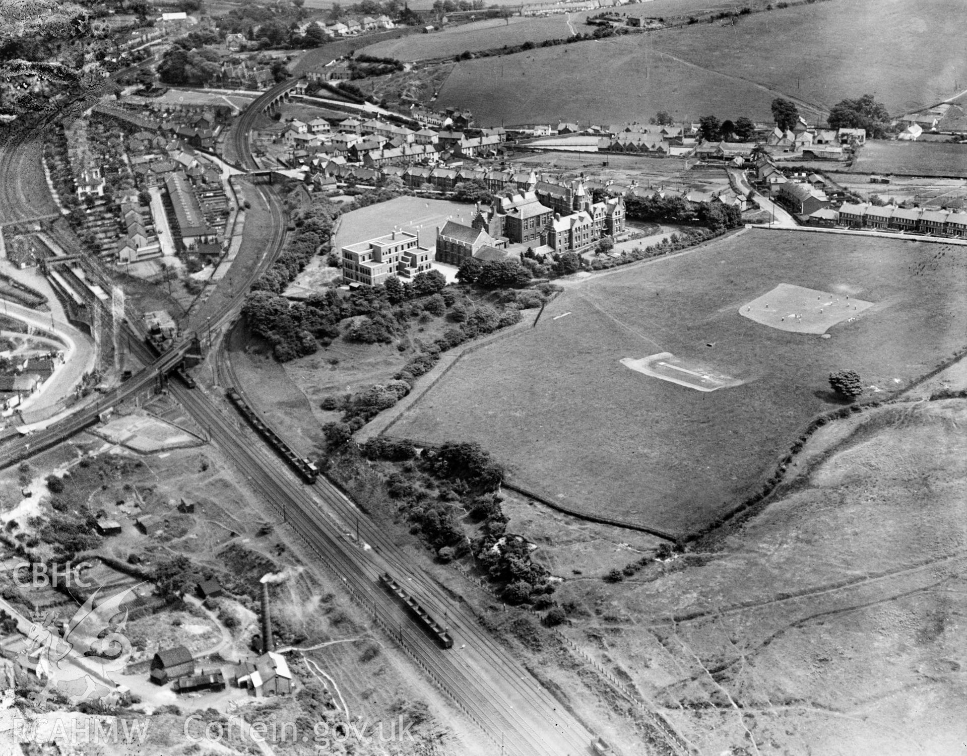 View of West Monmouth School, Pontypool, oblique aerial view. 5?x4? black and white glass plate negative.