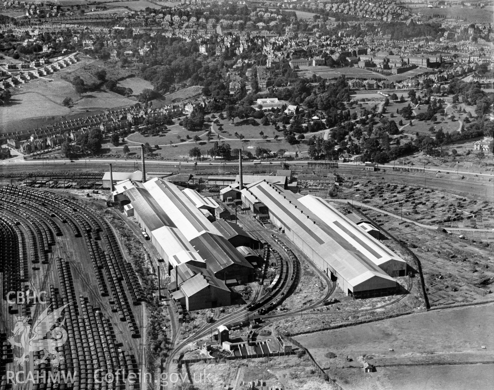 View of Whitehead Iron & Steel Co., Newport, oblique aerial view. 5?x4? black and white glass plate negative.