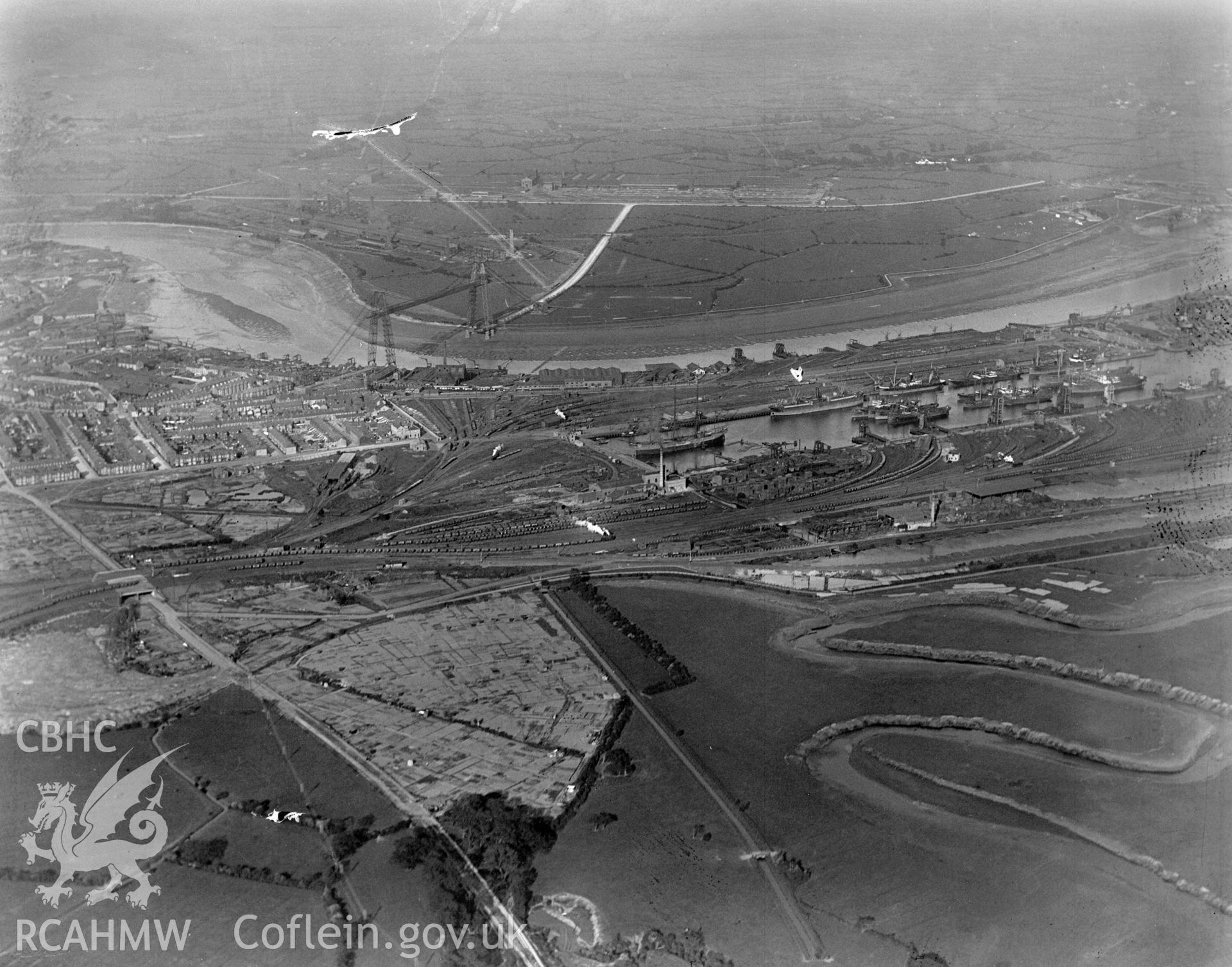 General view of Newport showing docks, oblique aerial view. 5?x4? black and white glass plate negative.
