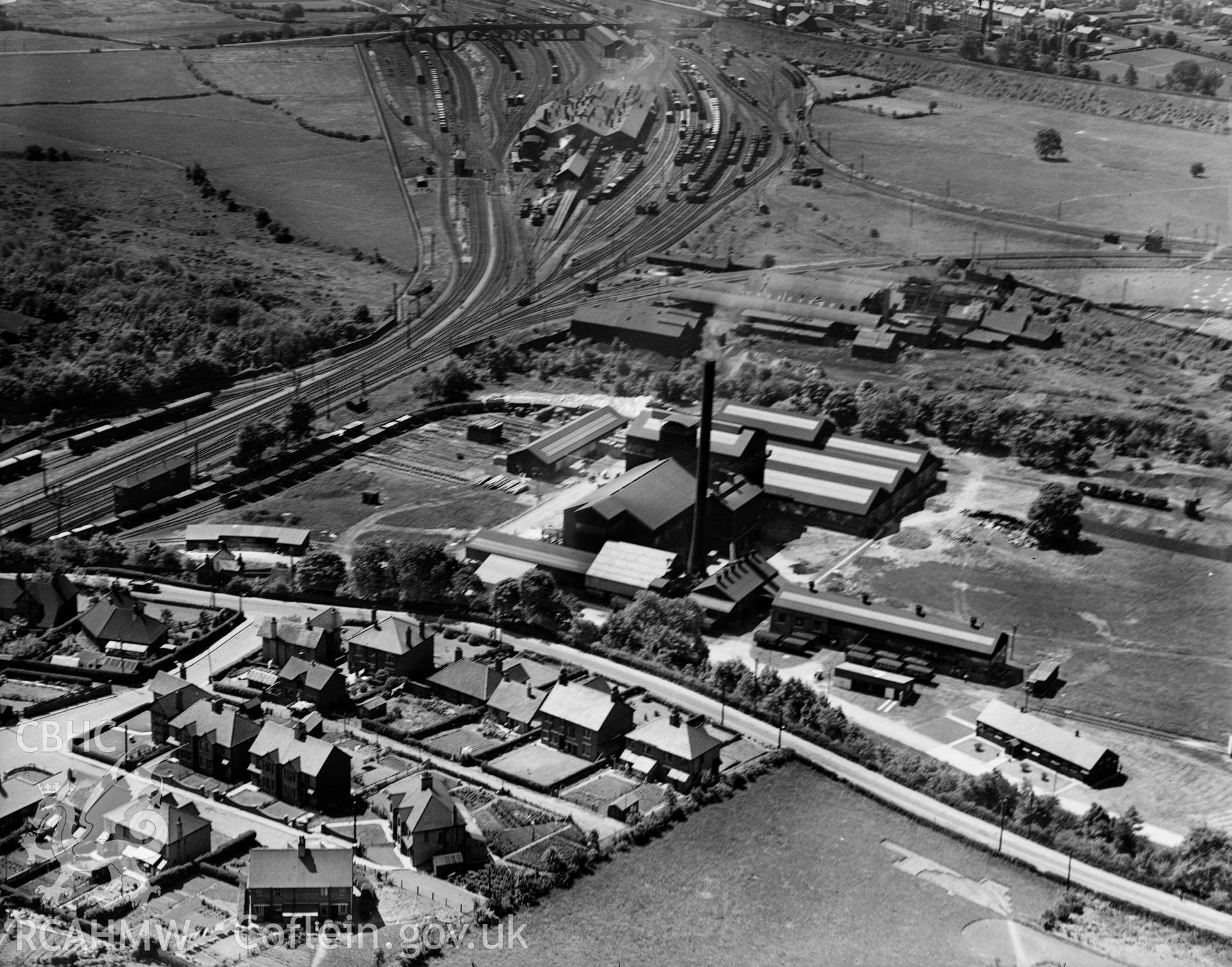 View of Pilkington Brothers Ltd., Pontypool Works, oblique aerial view. 5?x4? black and white glass plate negative.