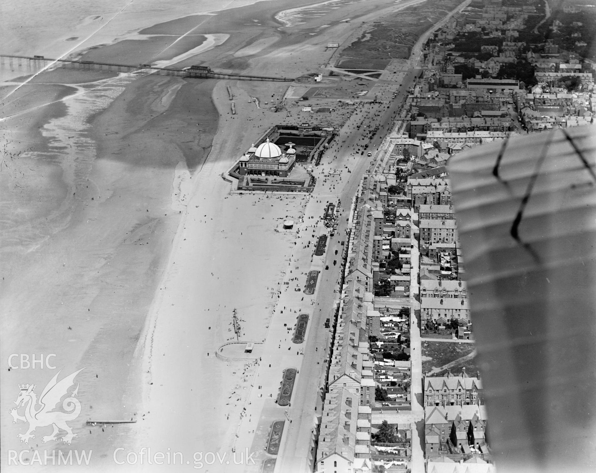 View of Rhyl showing the new pavillion and bandstand complex, oblique aerial view. 5?x4? black and white glass plate negative.
