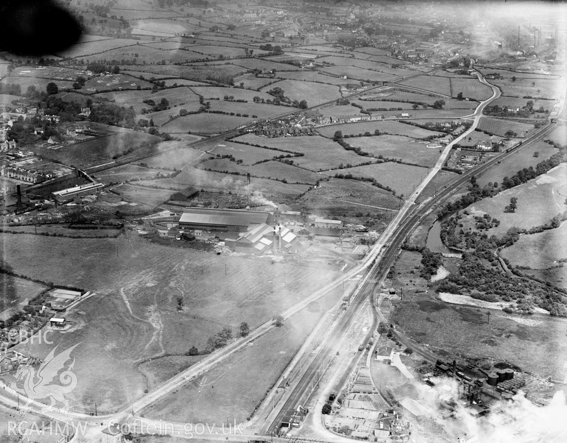 View of Avondale Tinplate Co., Pontnewydd, oblique aerial view. 5?x4? black and white glass plate negative.