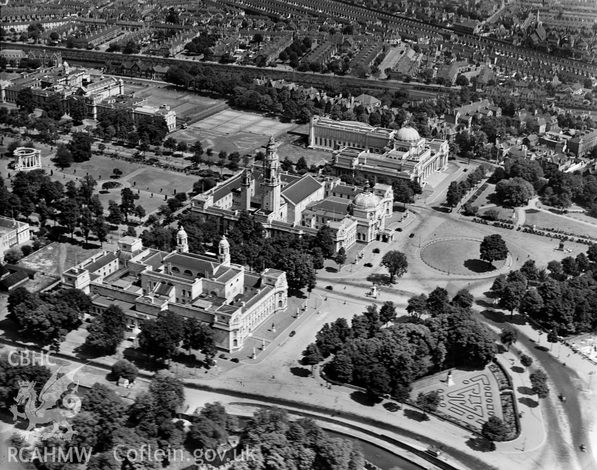 View of Cathays Park, Cardiff showing civic centre and war memorial, oblique aerial view. 5?x4? black and white glass plate negative.