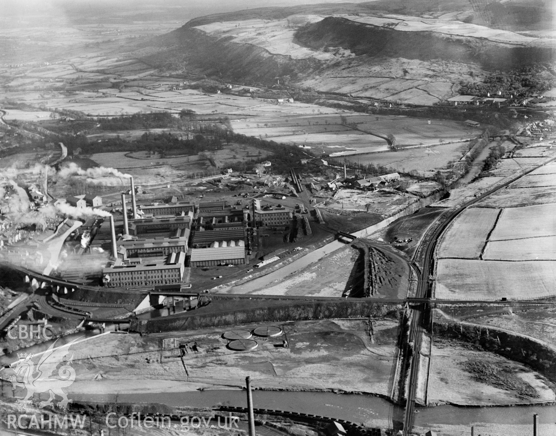 View of Mond Nickel Works, Clydach, Swansea, oblique aerial view. 5?x4? black and white glass plate negative.