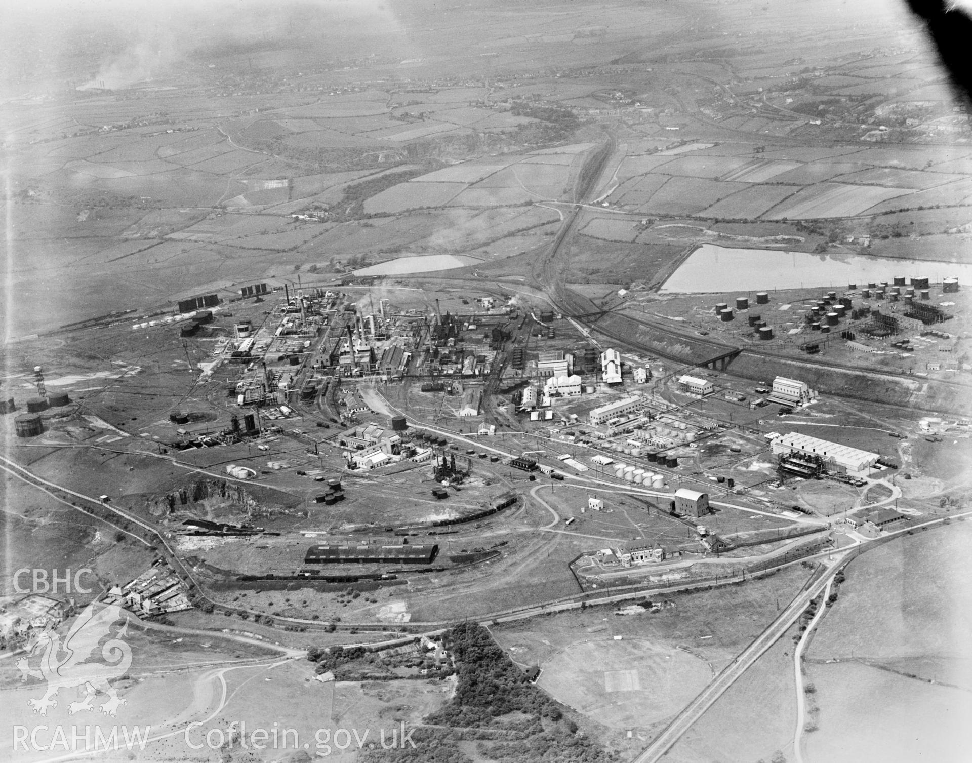 View of National Oil Refineries (Anglo-Persion) Llandarcy, oblique aerial view. 5?x4? black and white glass plate negative.