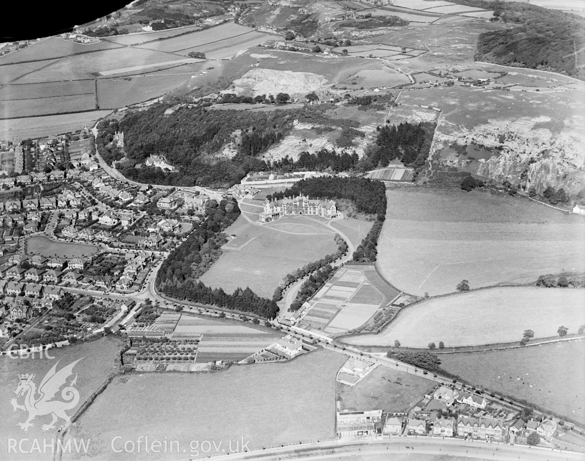 View of Lady Forester Convalescent Home and gardens, Llandudno, oblique aerial view. 5?x4? black and white glass plate negative.