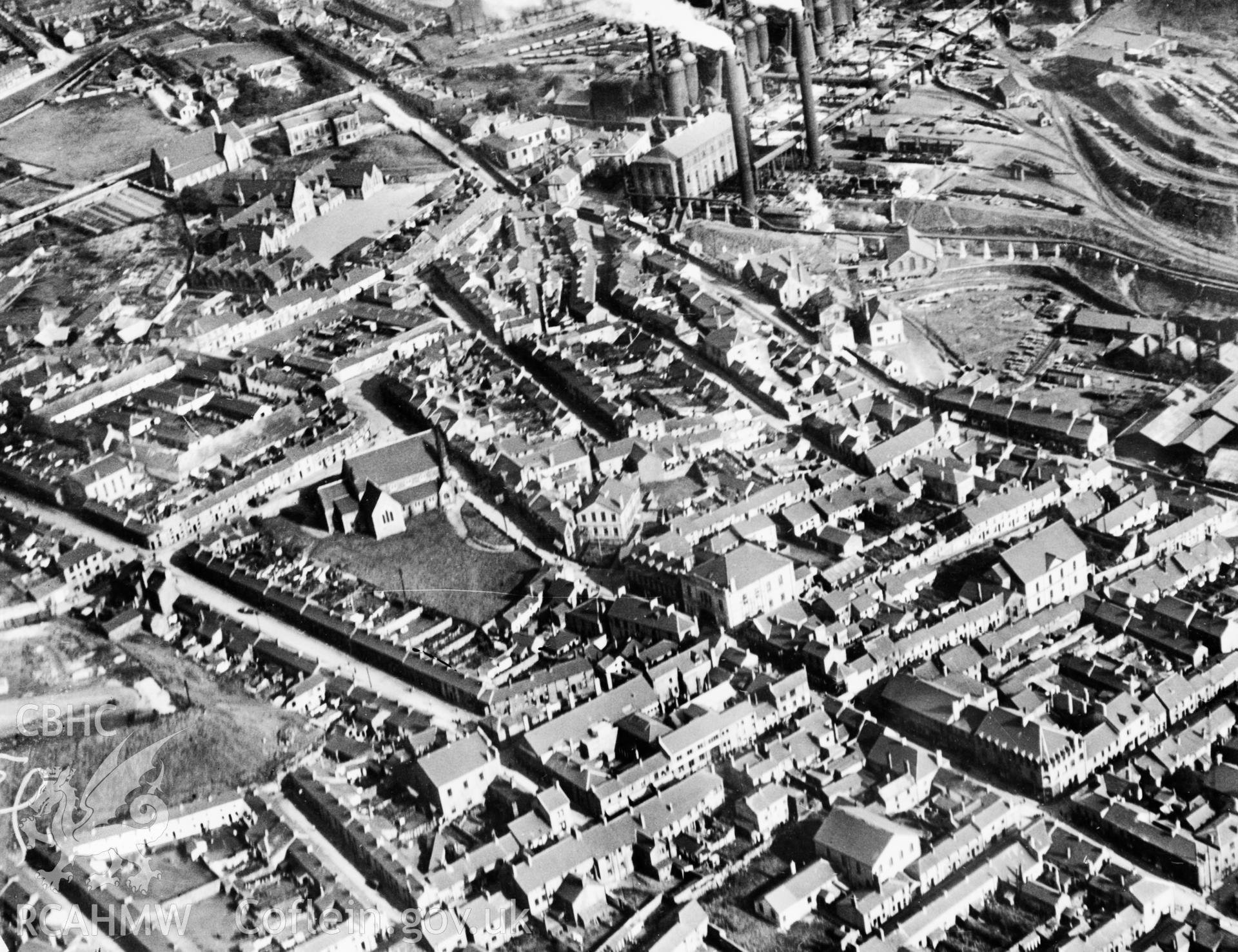 View of Merthyr Tydfil with Ironworks in background. Oblique aerial photograph, 5?x4? BW glass plate.